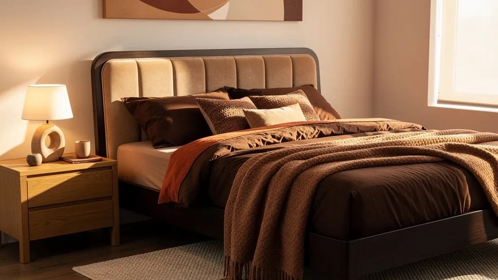 Warmes Schlafzimmer mit dunklem Nussbaum-Bett, beigem Samt-Kopfteil und schokoladenbrauner Bettwäsche neben einem Eichen-Nachttisch.
