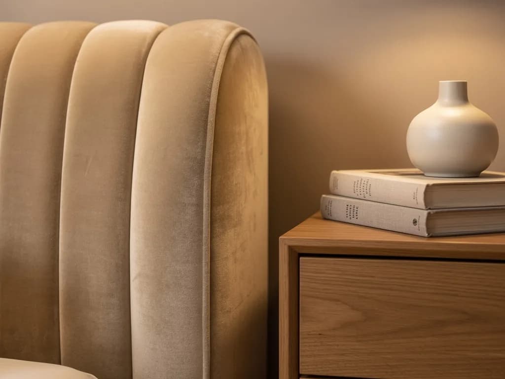 Beiges Samt-Kopfteil mit Kanneluren neben einem Eichen-Nachttisch mit Büchern und heller Keramikvase.