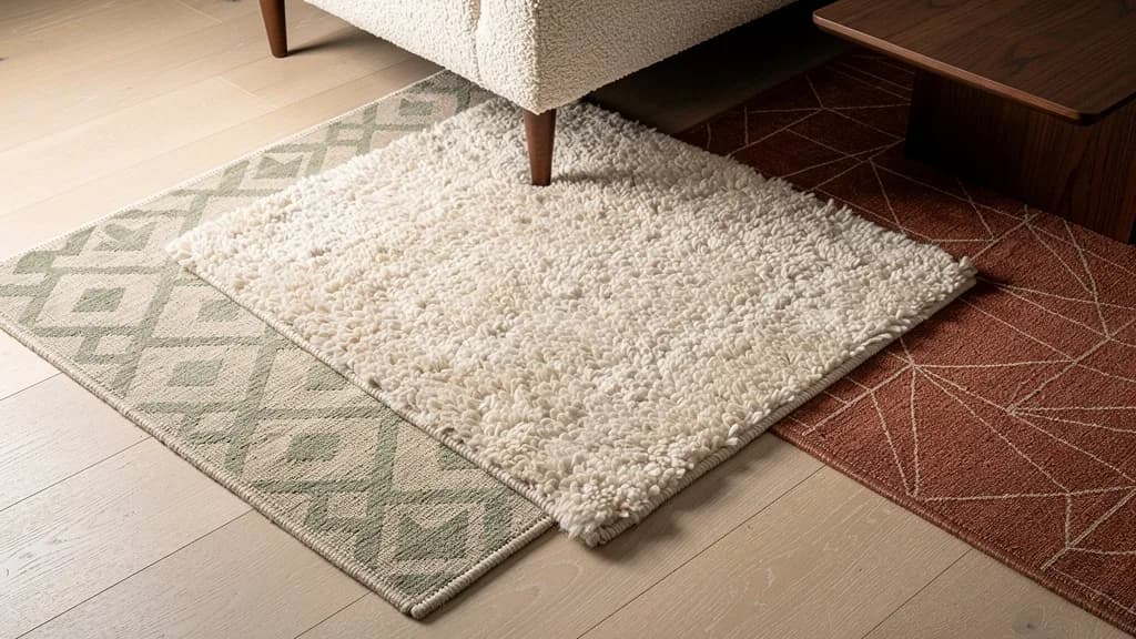 Drei Teppiche überlappen auf hellem Eichenboden: cremefarbener Hochflor, salbeigrünes Flachgewebe und rostroter Kurzflor.