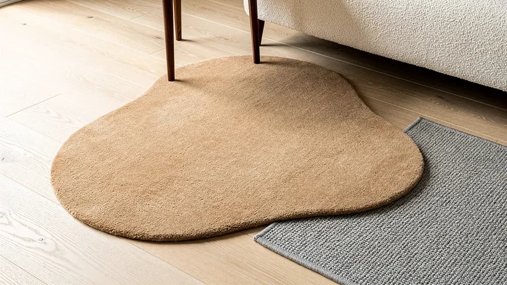 Organisch geformter sandfarbener Teppich überlappt einen streng rechteckigen grauen Flachgewebeteppich auf hellem Eichenboden.