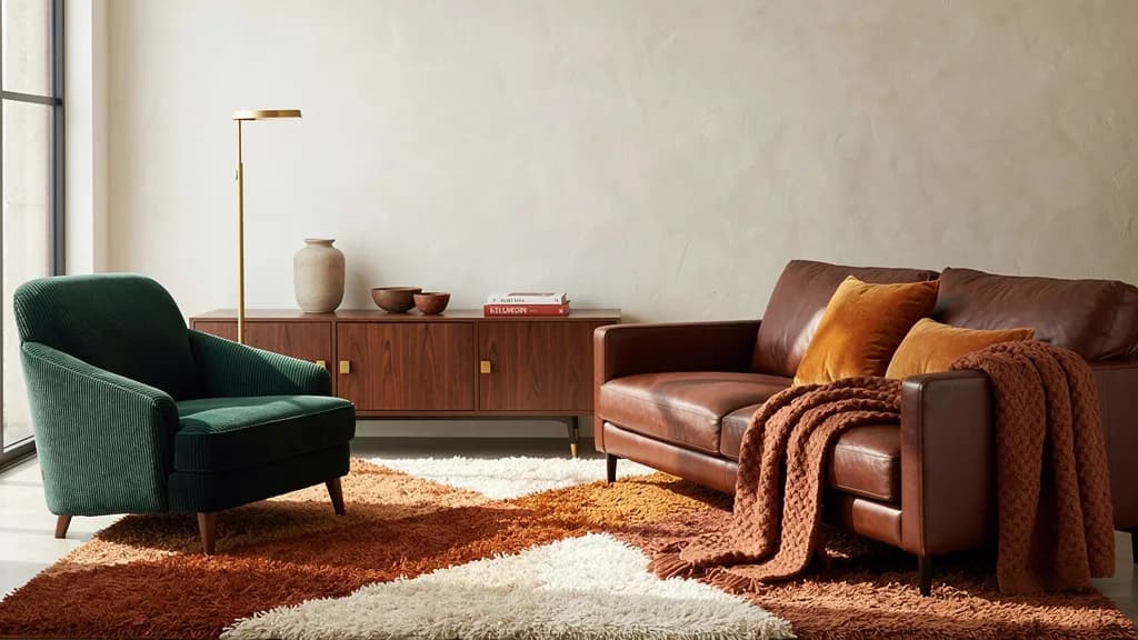 Modernes Wohnzimmer 2026 in warmen Erdtönen mit cognacfarbenem Ledersofa, dunkelgrünem Cordsessel und Nussbaum-Sideboard vor cremeweißer Wand.