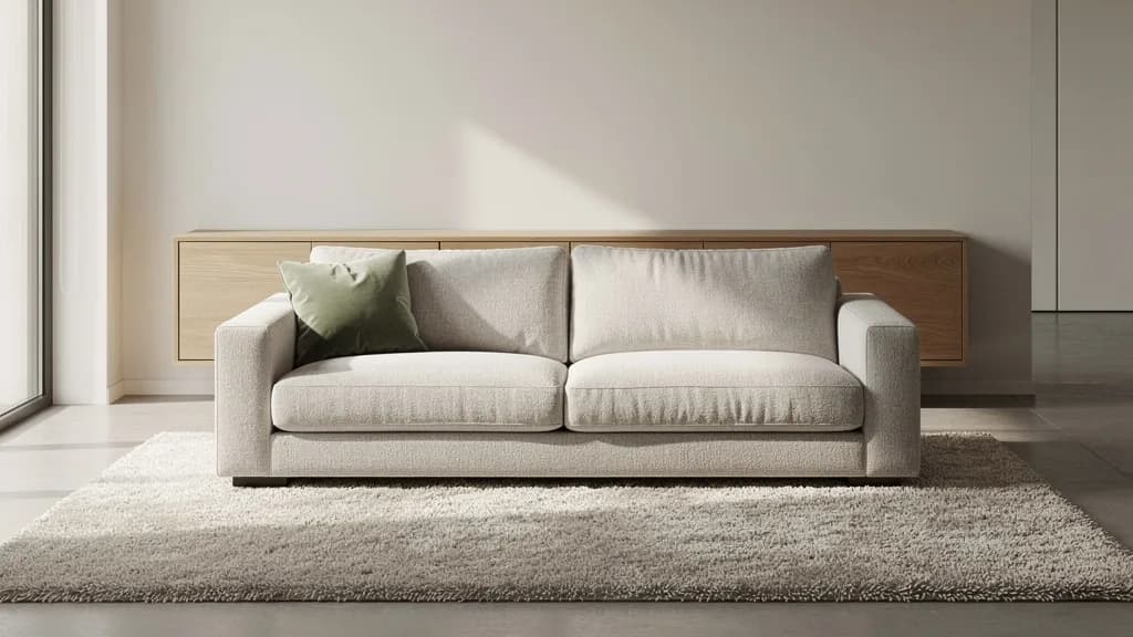 Helles Wohnzimmer mit einem cremefarbenen Sofa frei im Raum vor einem niedrigen Holz-Sideboard, das den Raum in zwei Zonen teilt.