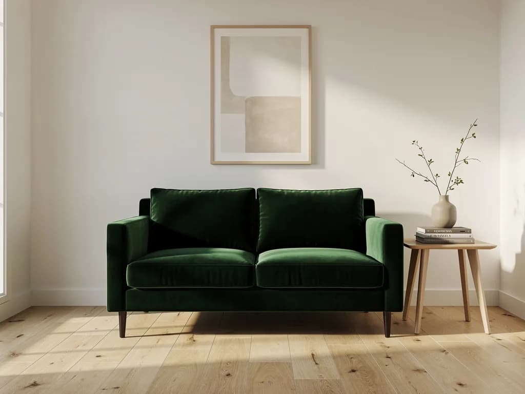 Dunkelgrünes Samtsofa als einziger Farbakzent in einem hellen, neutral gehaltenen Wohnzimmer mit Eichenboden.