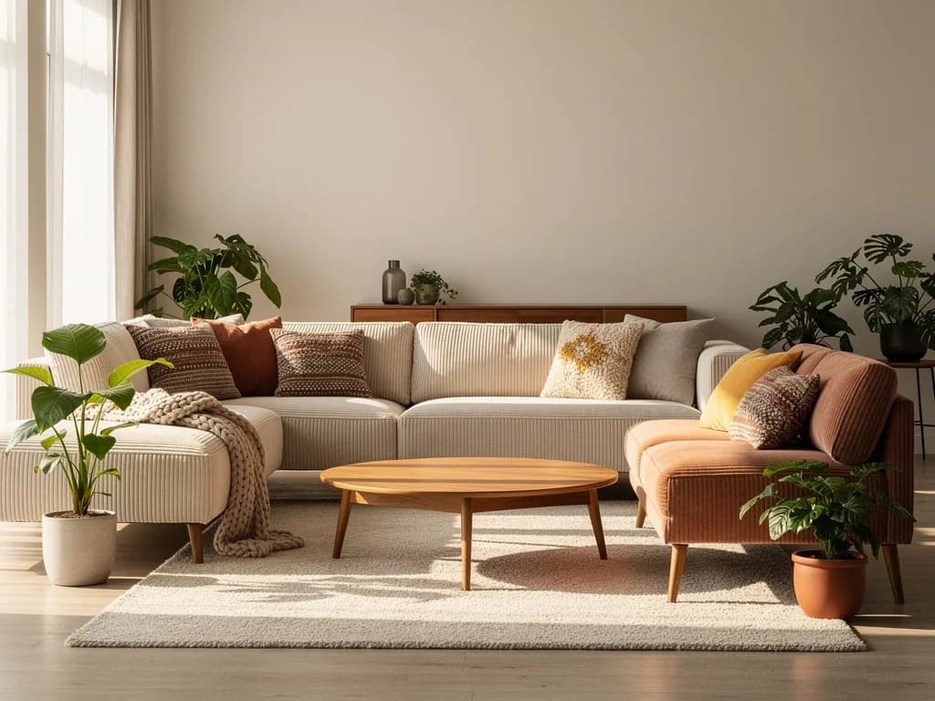 L-förmiges Cord-Modulsofa in Creme mit einem gegenüberstehenden Zweitsofa und rundem Holz-Couchtisch als Gesprächsgruppe.