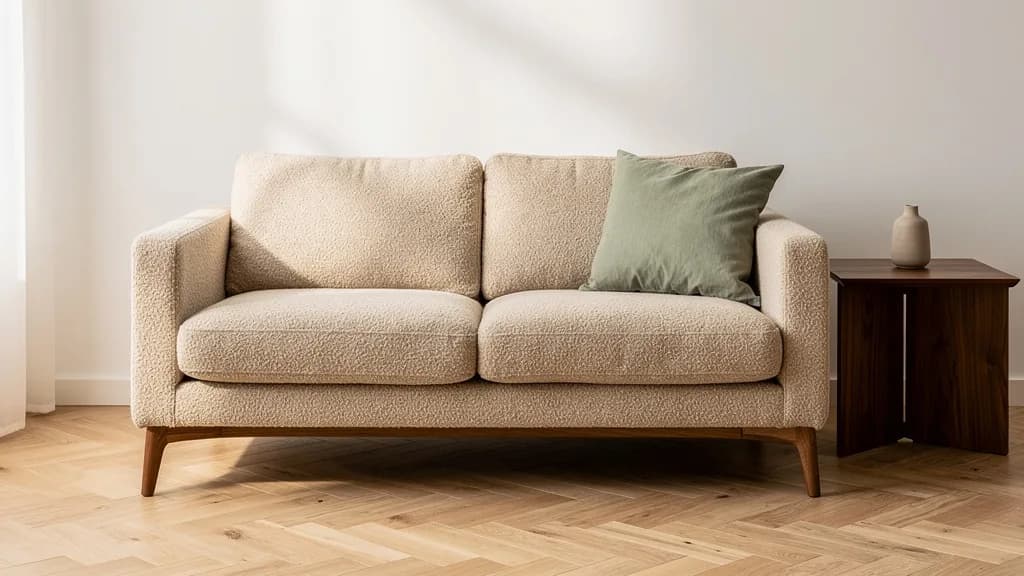 Beiges Zweisitzer-Sofa mit Bouclé-Bezug auf warmen Holzfüßen, dazu ein salbeigrünes Kissen und ein Nussbaum-Beistelltisch auf Eichenparkett.