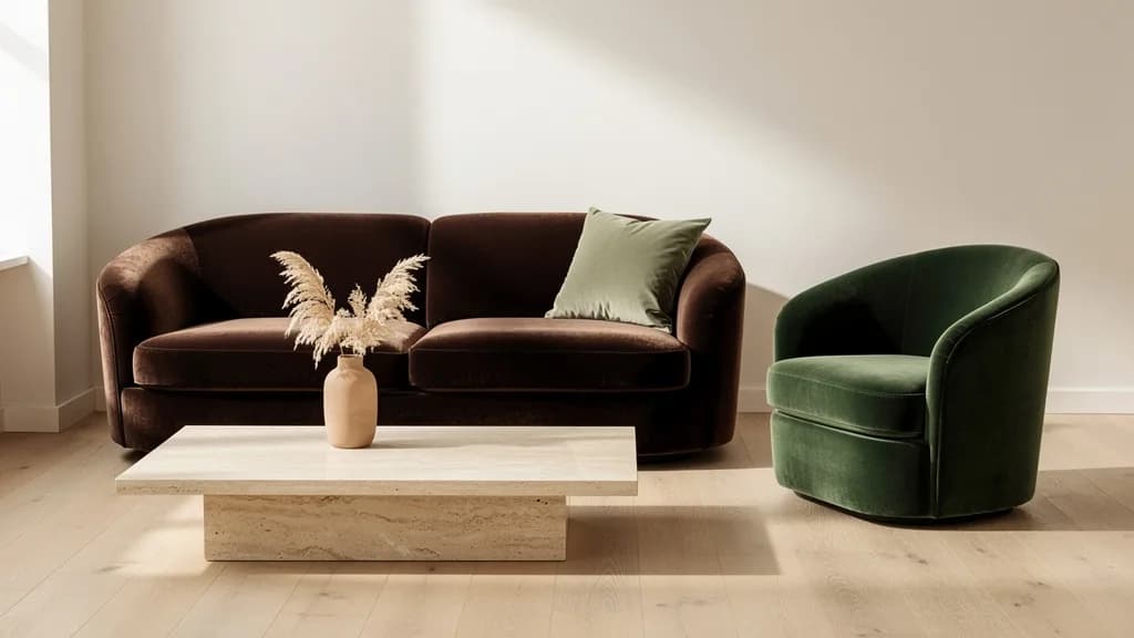 Gerundetes Sofa in dunkelbraunem Samt mit grünem Velours-Sessel vor cremeweißer Wand und Travertintisch.
