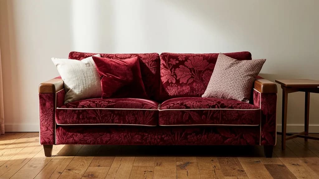 Zweisitzer-Sofa in dunkelrotem Blumen-Chenille mit cremefarbenem Keder, Holzblenden an den Armlehnen und drei unterschiedlichen Kissen.