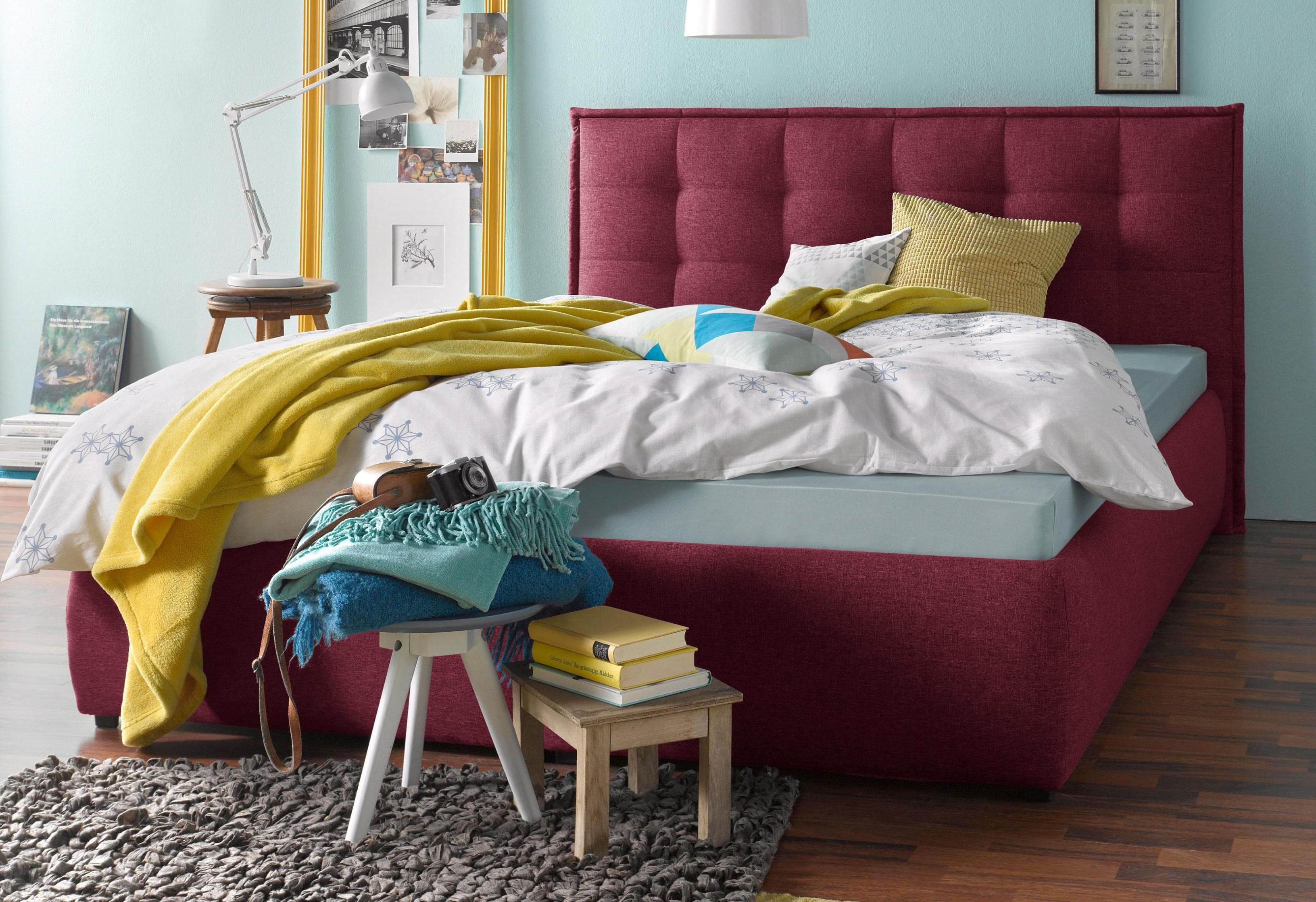 Polsterbett MAINTAL Rot mit Karosteppung und Bettkasten