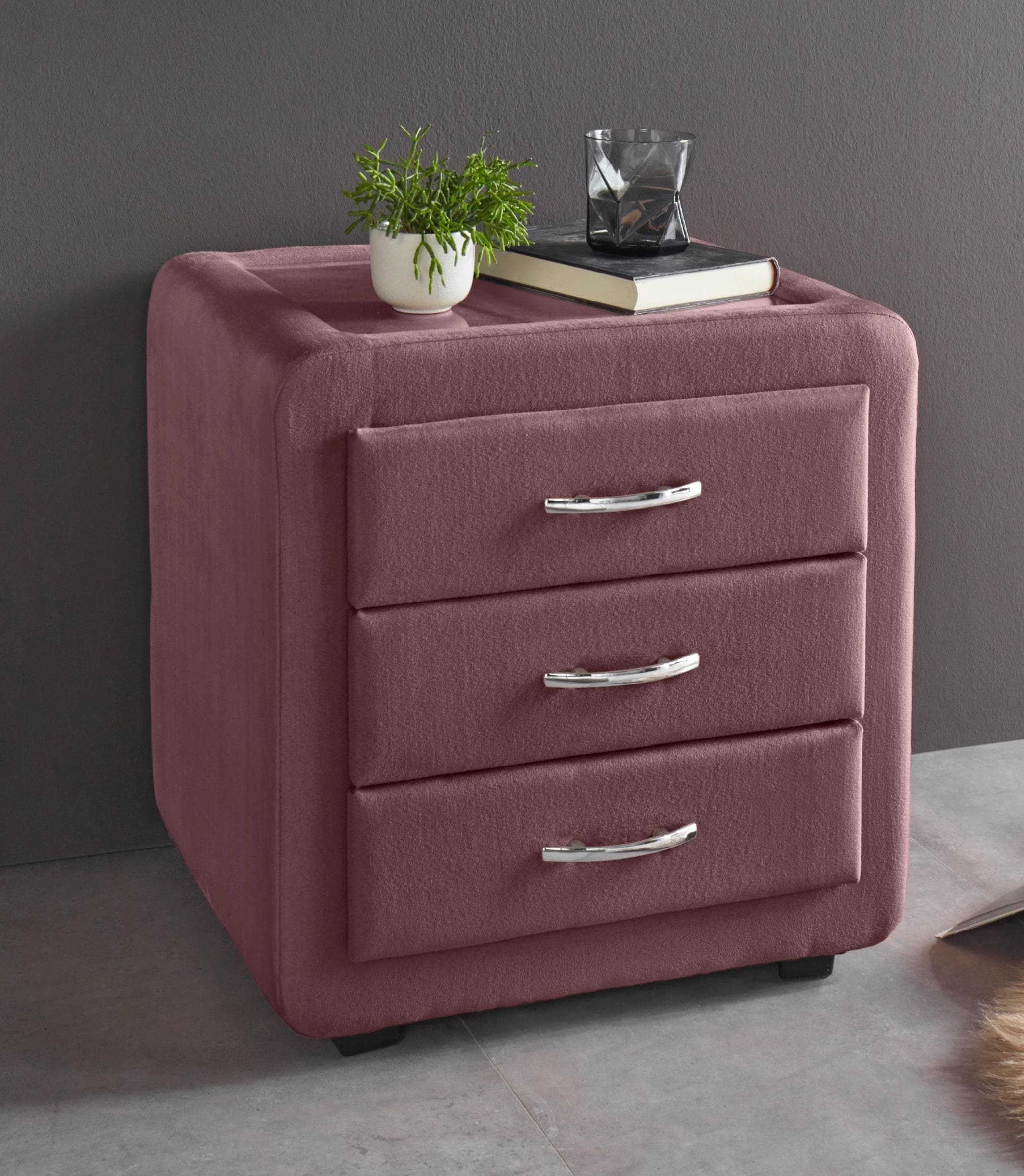 Nachtkonsole MAINTAL Lila Modern mit Glasplatte und 3 Schubladen