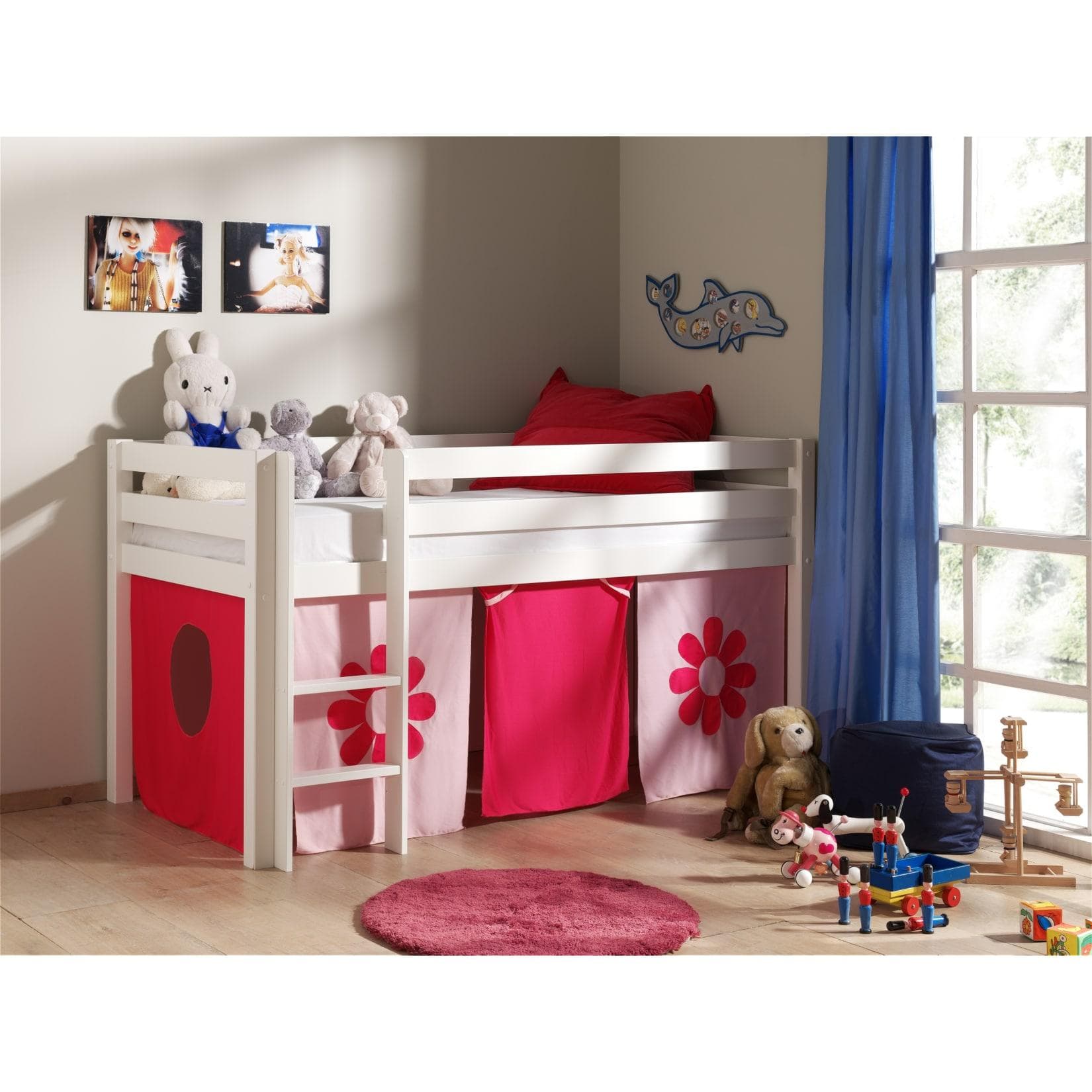 VIPACK Hochbett Pino Weiß Lackiert Pink Flower mit Vorhang