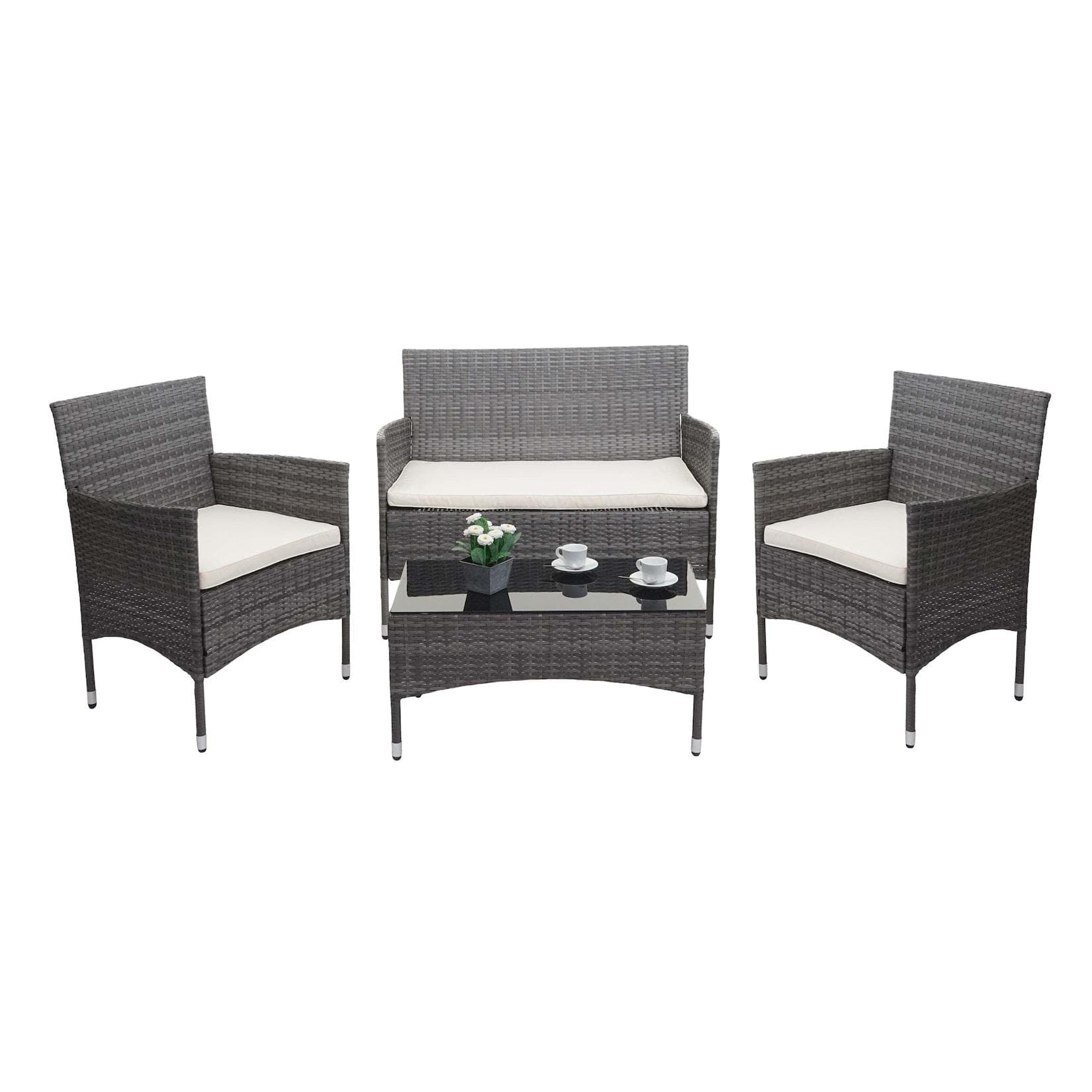 MCW Poly-Rattan Garnitur MCW-F55 Grau Creme 4-Sitzer Balkon Lounge Set