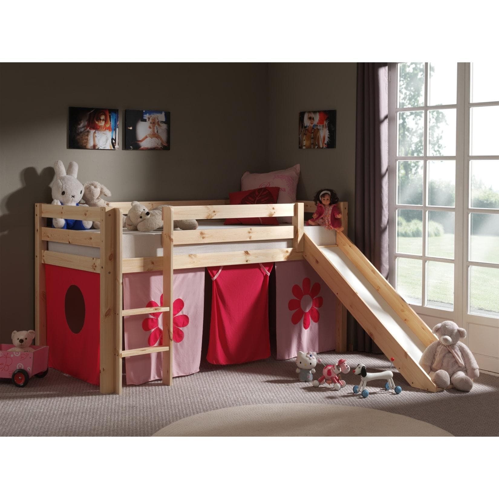 Vipack Spielbett Pino mit Rutsche und Textilset Pink Flower Kiefer massiv