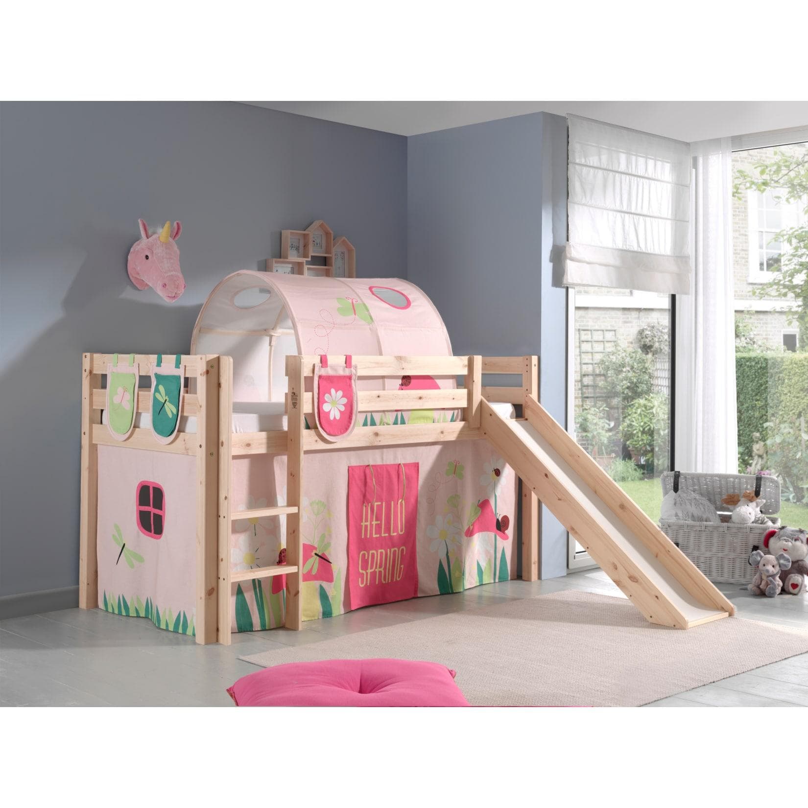 Vipack Spielbett Pino mit Rutsche, Kiefer massiv natur, Vorhang, Tunnel