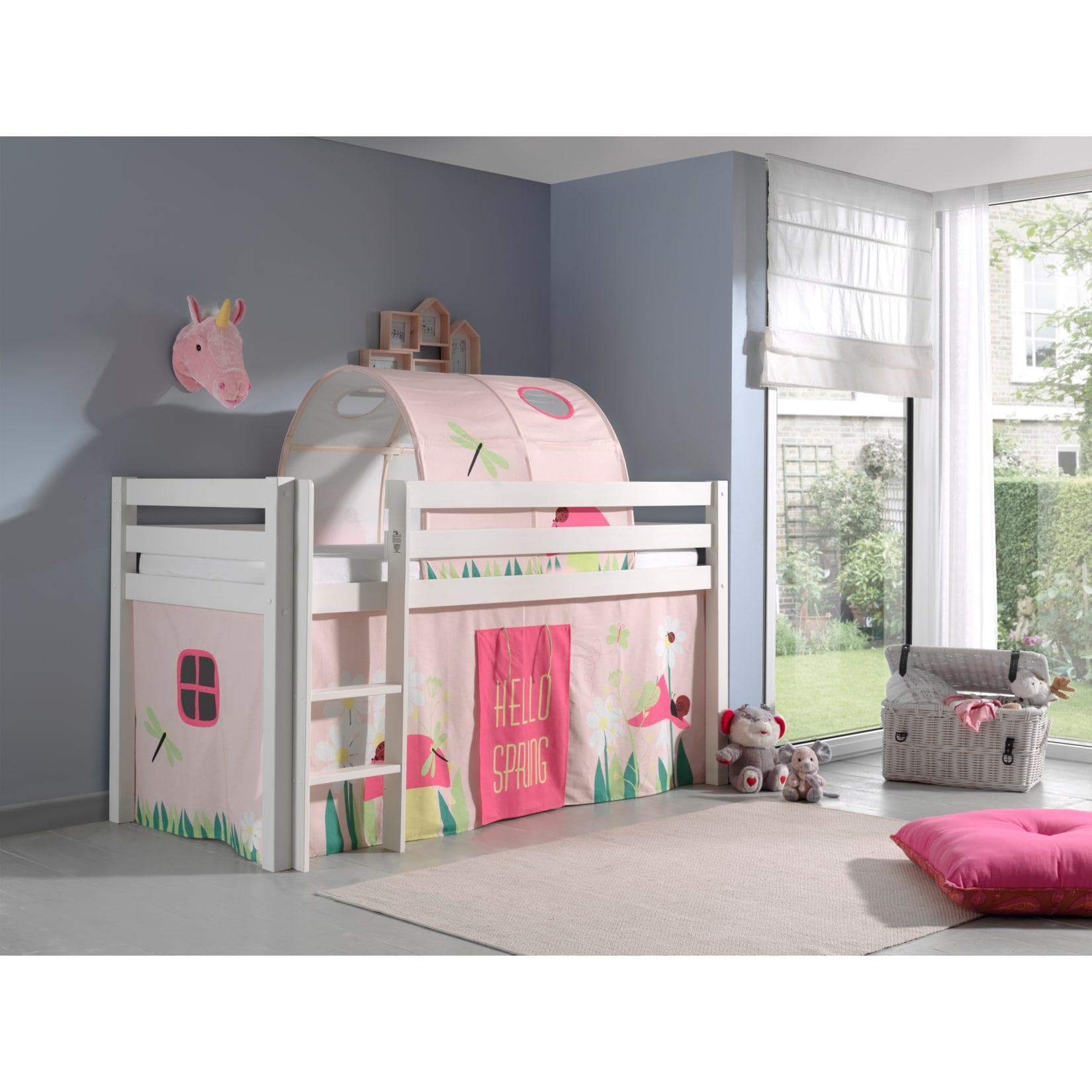 Vipack Spielbett Pino Kiefer massiv weiß mit Vorhang und Tunnel - Dessin Spring