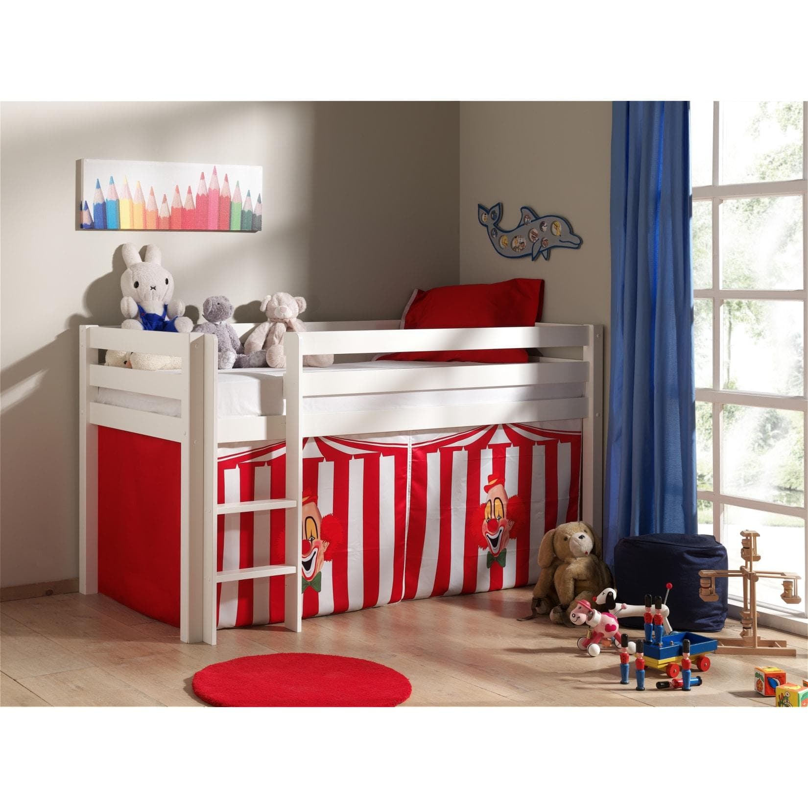 Vipack Spielbett Pino mit Textilset "Zirkus" Kiefer massiv weiss lackiert