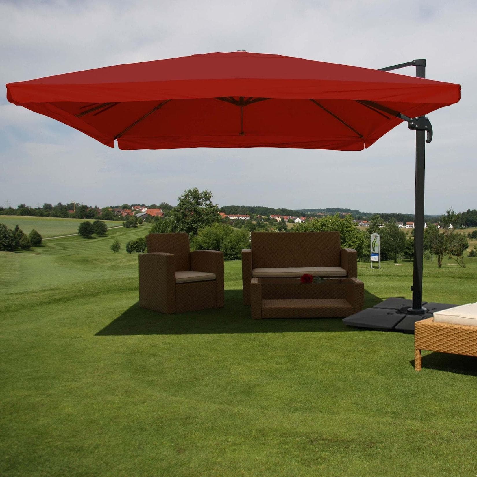 Gastronomie-Ampelschirm MCW-A96 3,5x3,5m Polyester/Alu 25kg bordeaux