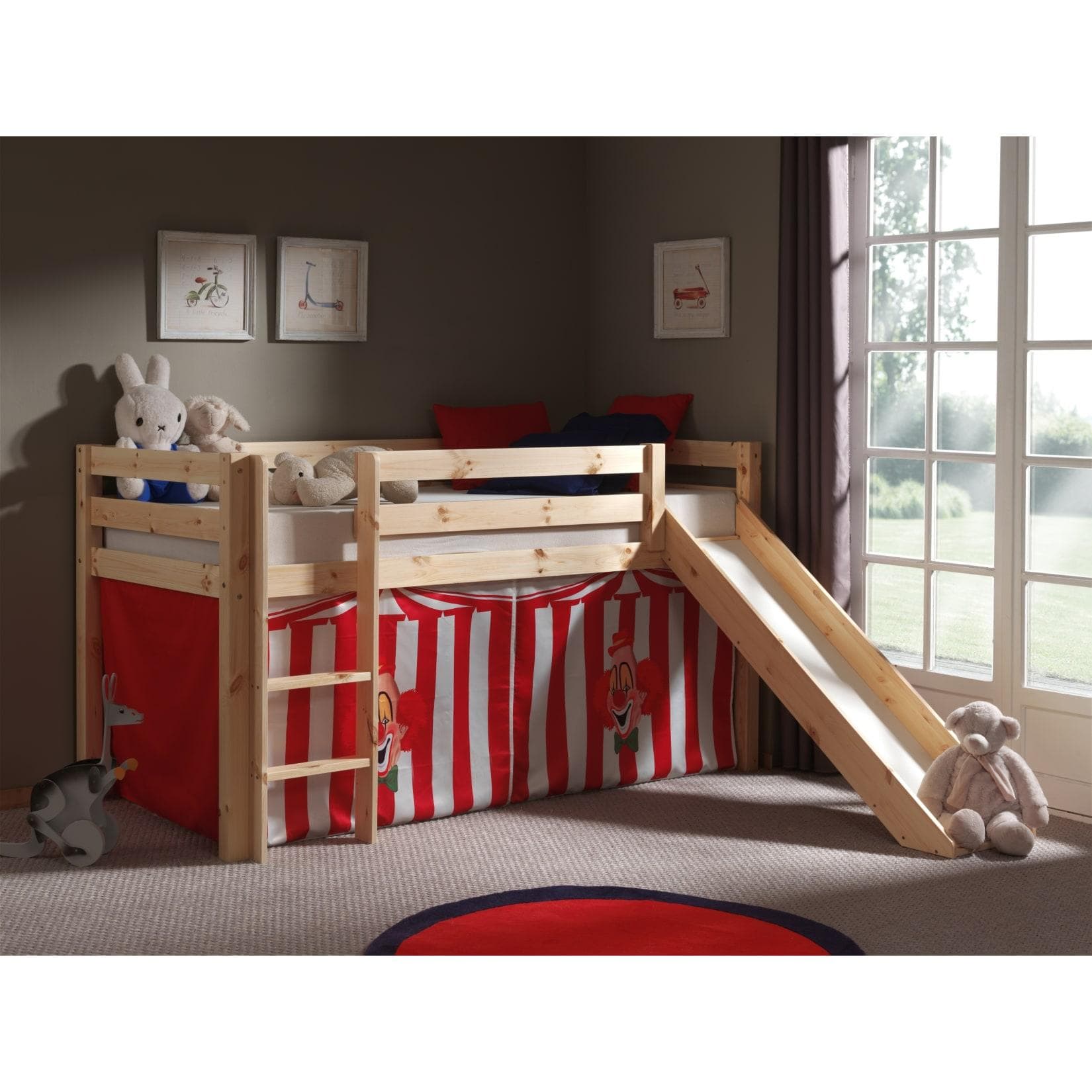 Vipack Spielbett Pino mit Rutsche und Textilset Zirkus Kiefer massiv