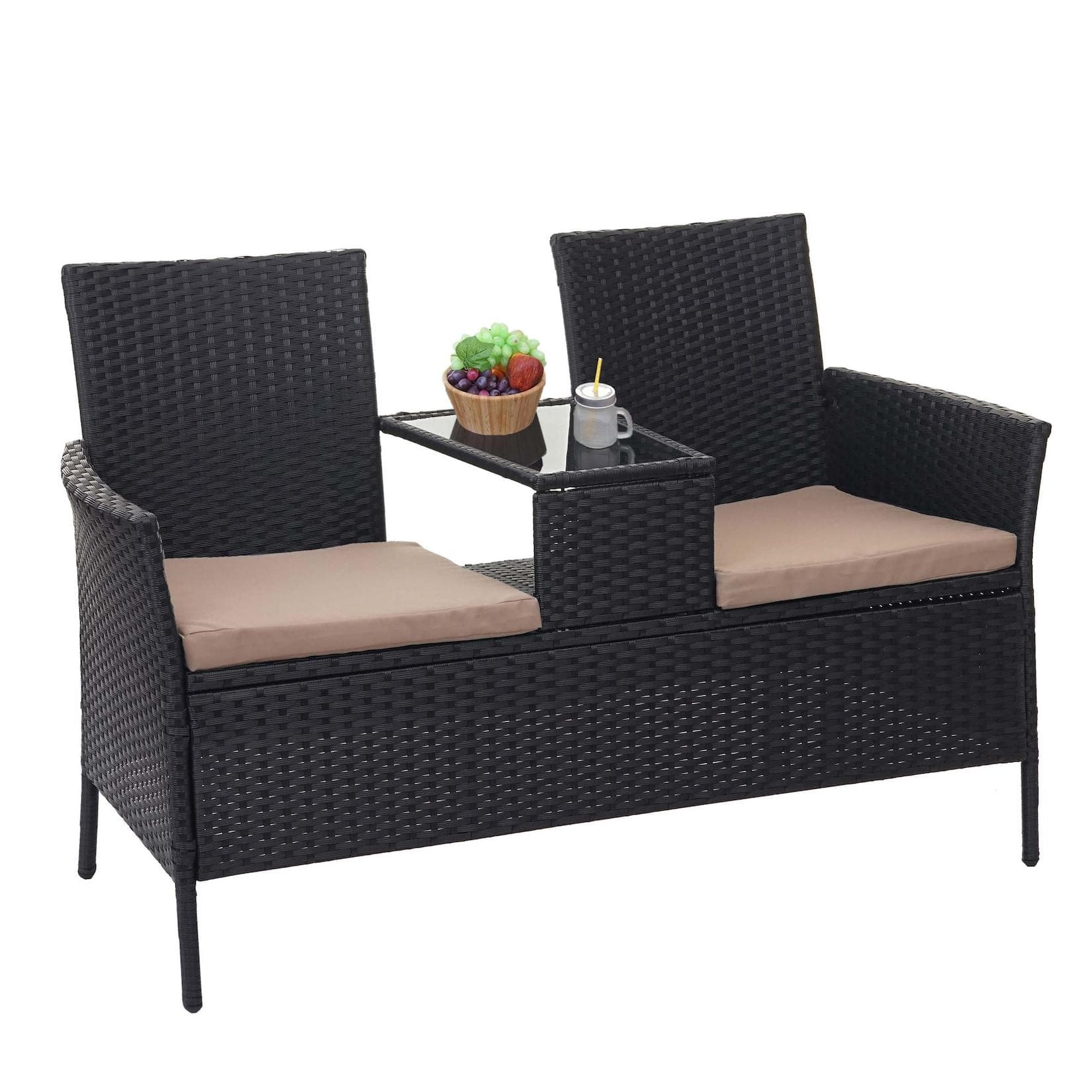 MCW Poly-Rattan Sitzbank mit Tisch 132cm Schwarz Creme