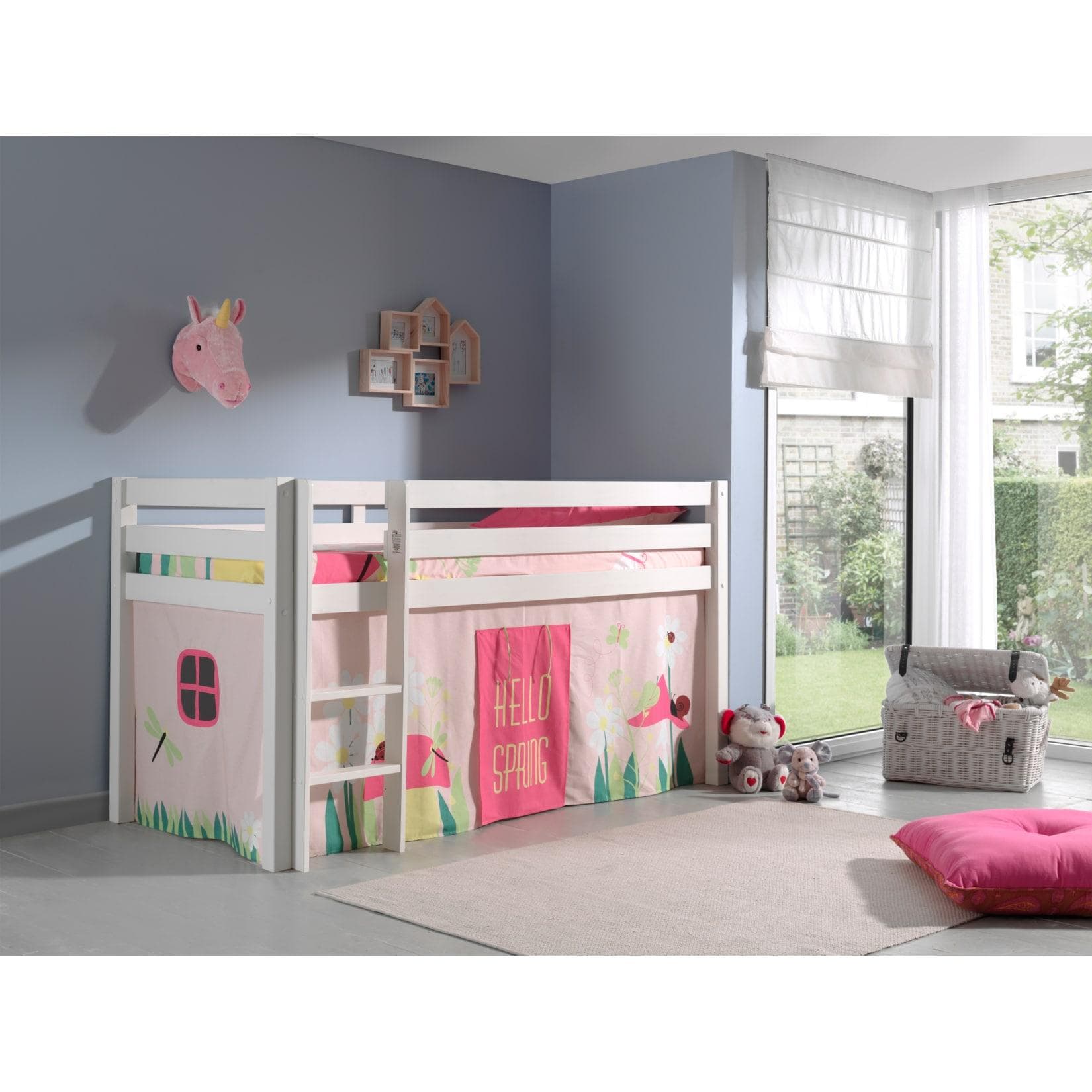 Vipack Spielbett Pino Kiefer massiv weiß mit Vorhang Dessin Spring