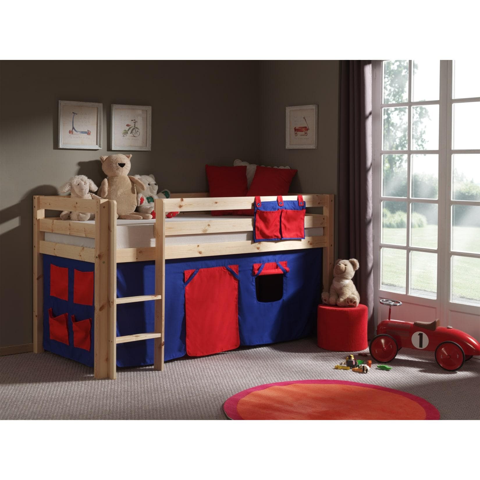 Vipack Spielbett Pino mit Textilset Domino, Kiefer massiv natur lackiert
