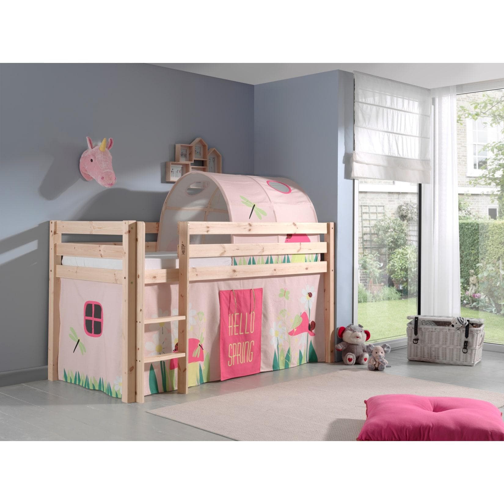 Vipack Spielbett Pino Kiefer massiv natur mit Vorhang und Tunnel - Dessin Spring