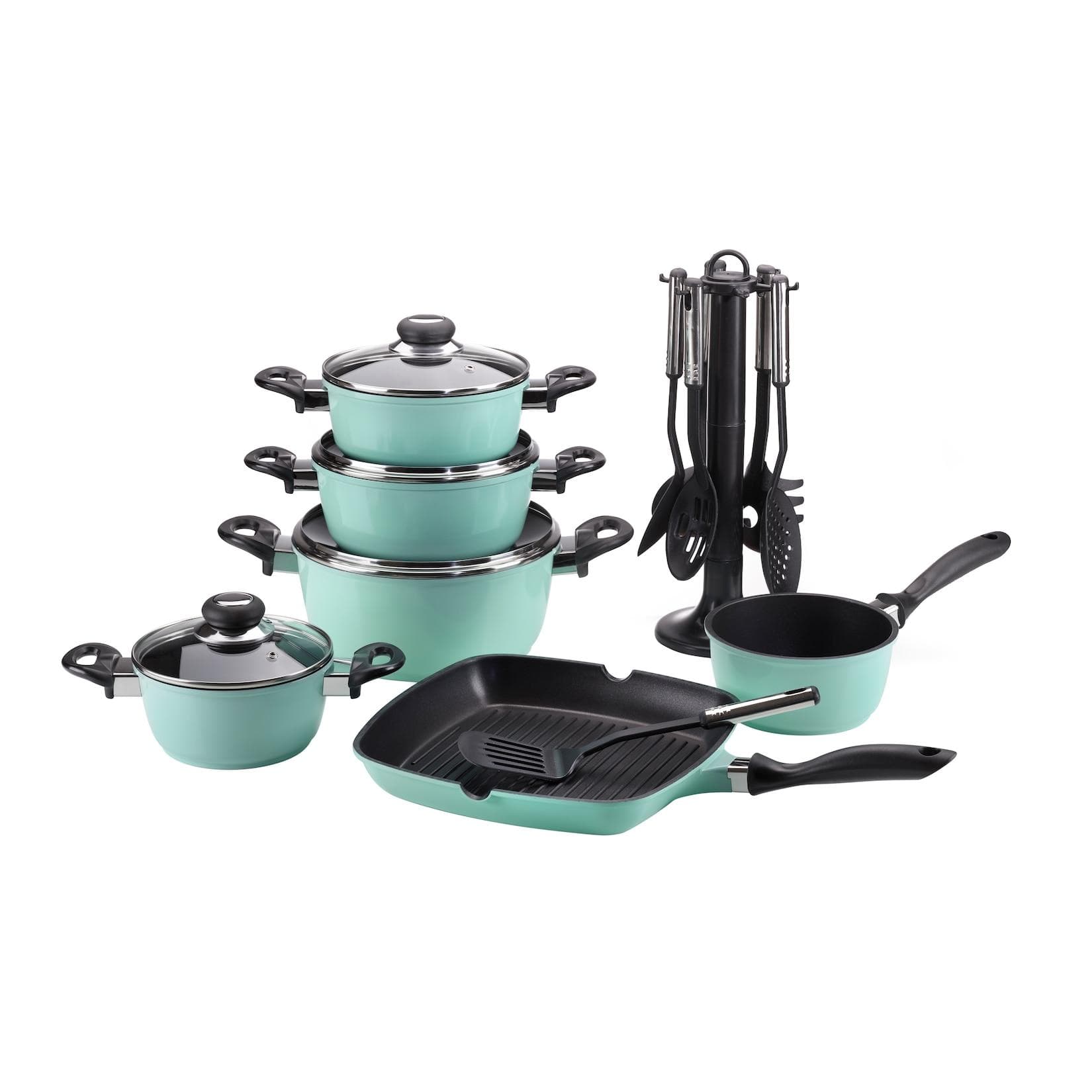 Krüger Aluguss Topf- und Pfannenset 17-tlg. Grün Antihaftbeschichtung