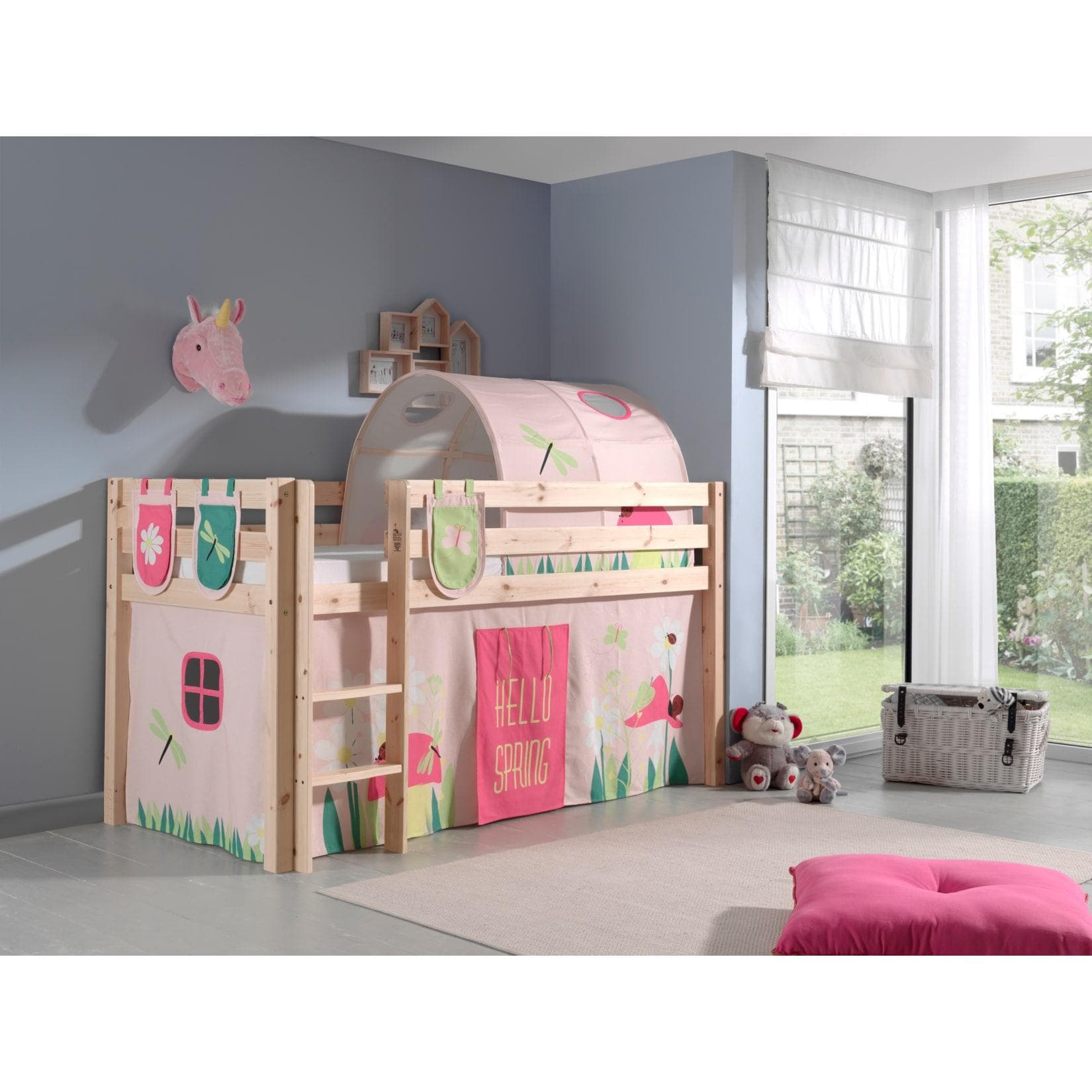 Vipack Spielbett Pino Kiefer massiv mit Vorhang Tunnel Taschen