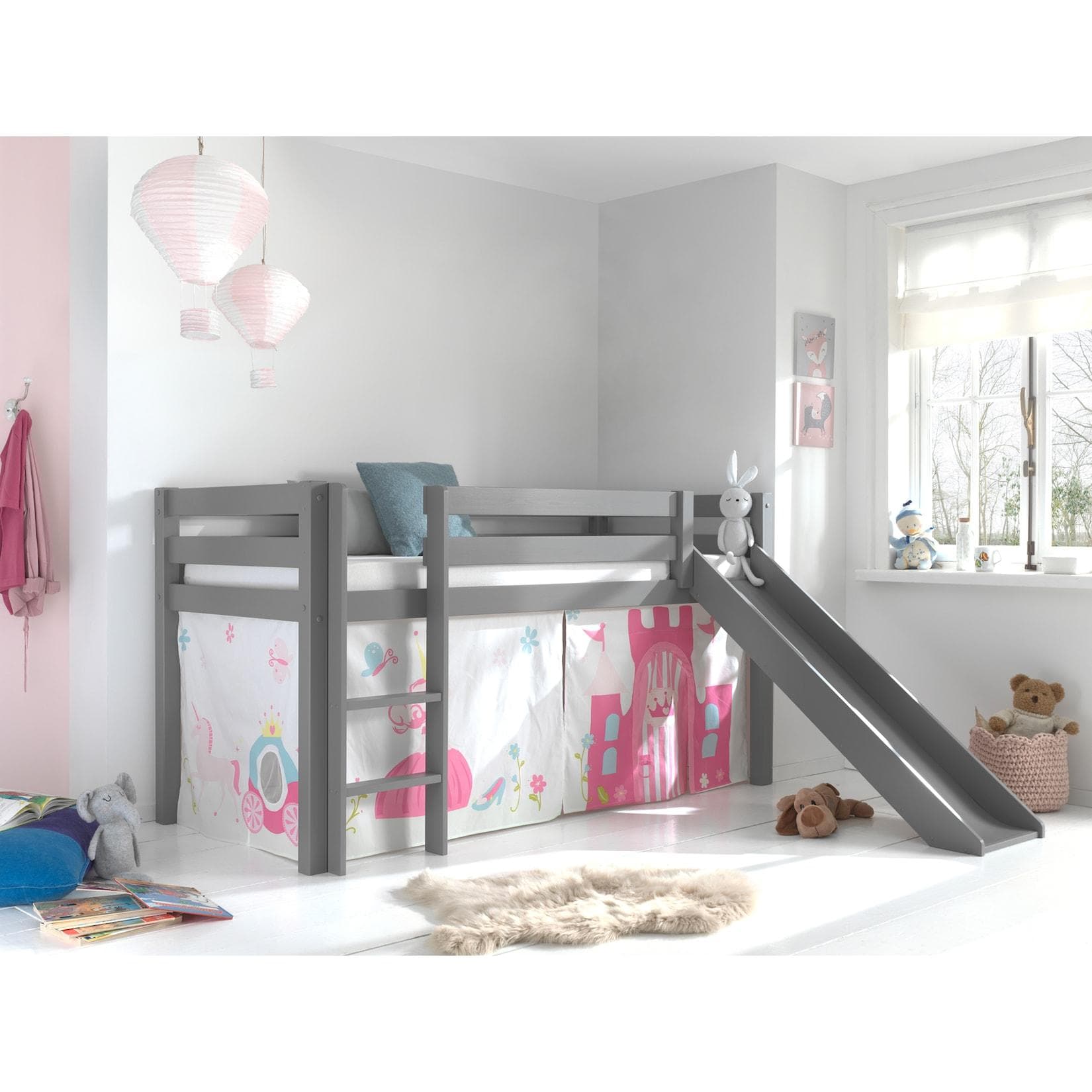 Vipack Spielbett Pino Grau mit Rutsche und Textilset