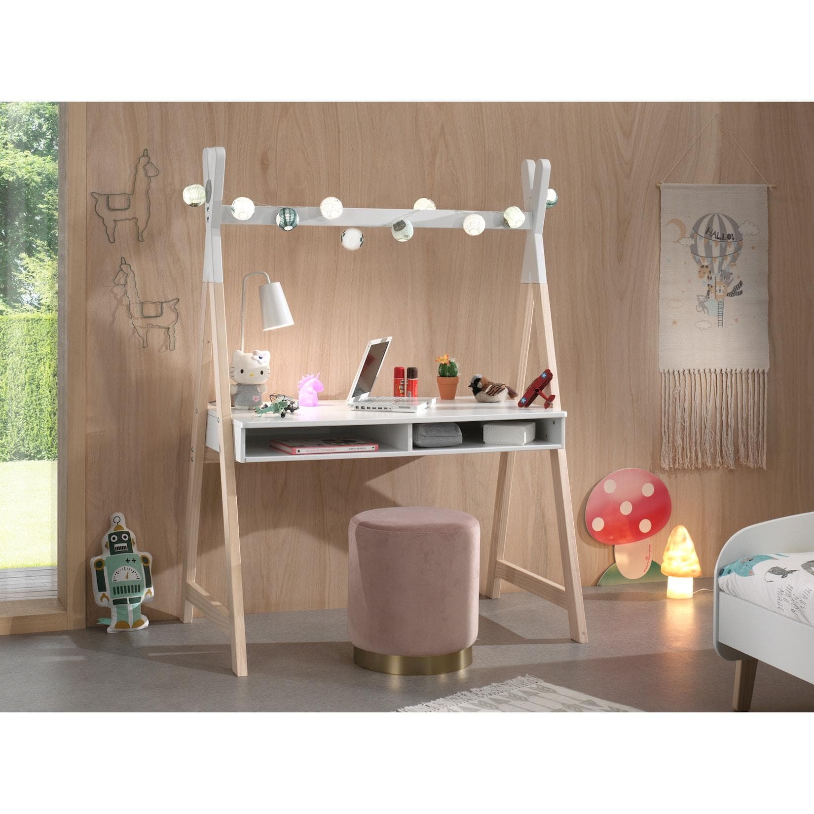 Kinderschreibtisch Tipi Optik - Große Arbeitsfläche in Weiß/Natur