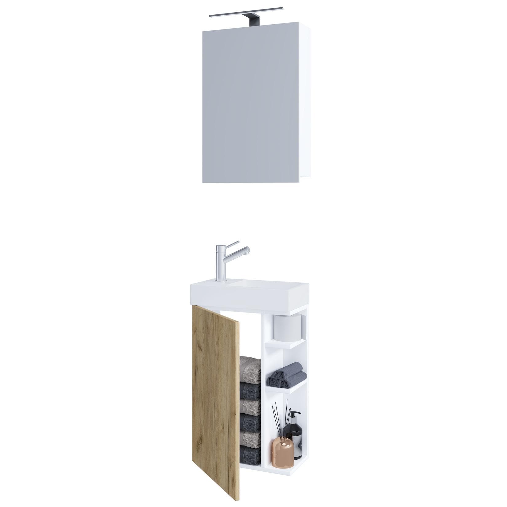 VCM Waschtisch Set Lumia mit Spiegelschrank Weiß/Honig-Eiche