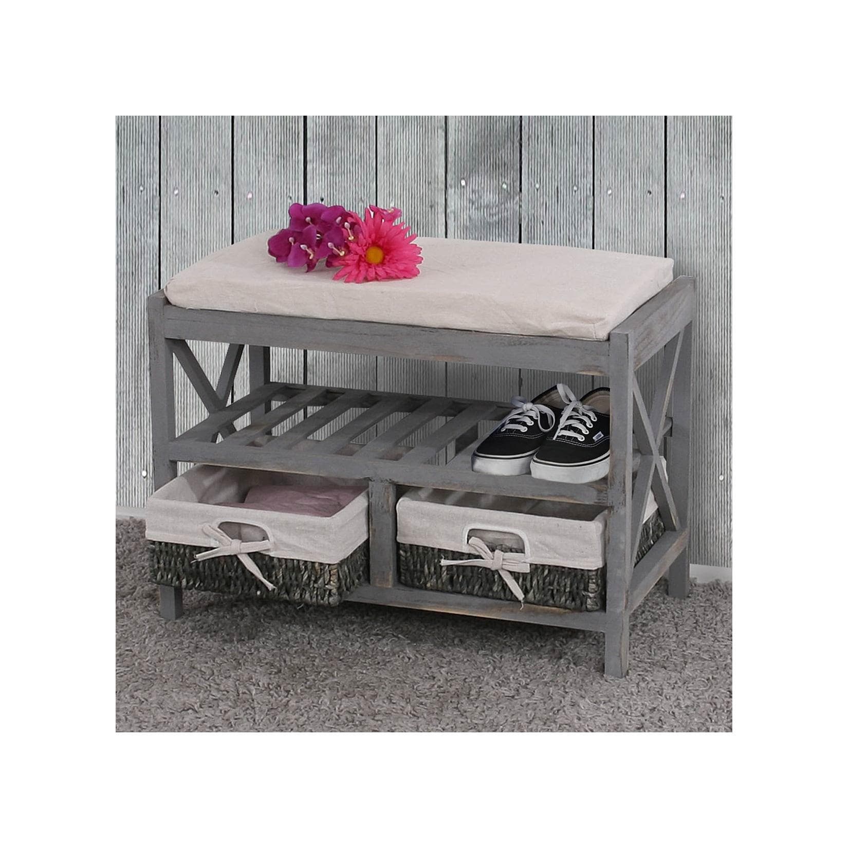 Waschbares Schuhregal mit 2 Körben und Sitzkissen