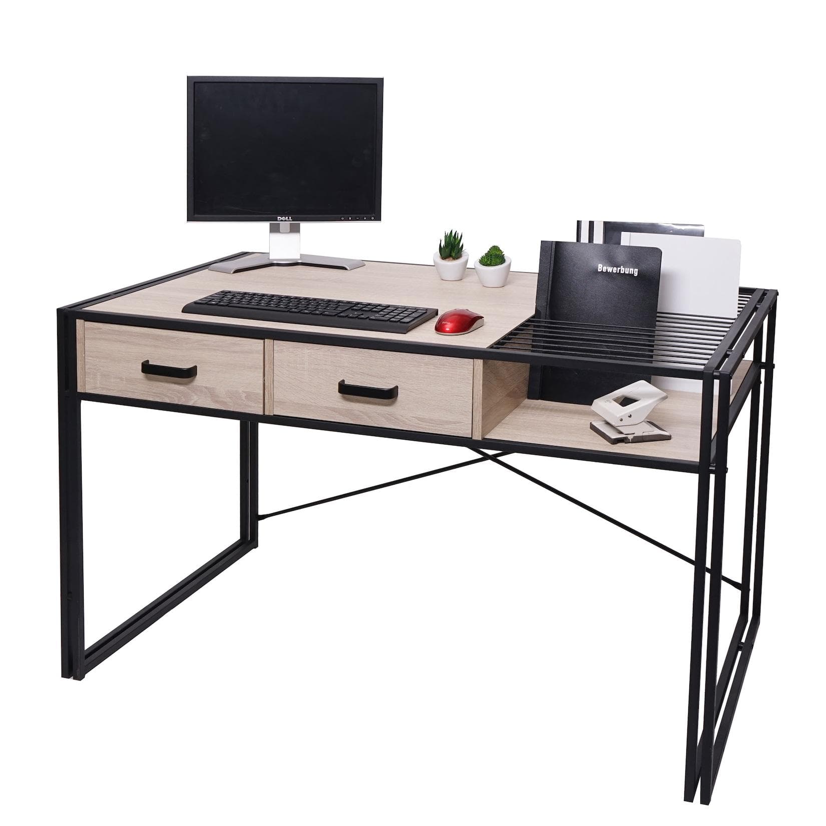 MCW Schreibtisch Industrial 120cm mit 2 Schubladen Eiche-Optik