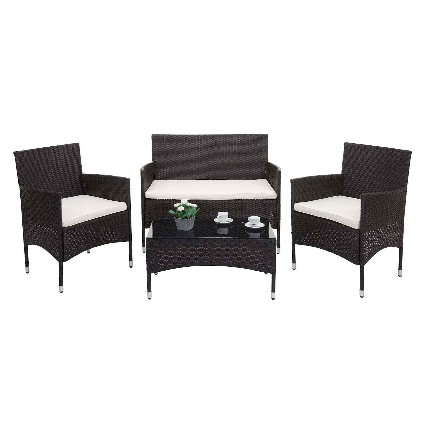 MCW-F55 Poly-Rattan Garnitur 4-tlg. Braun/Creme Balkon-Garten-Lounge