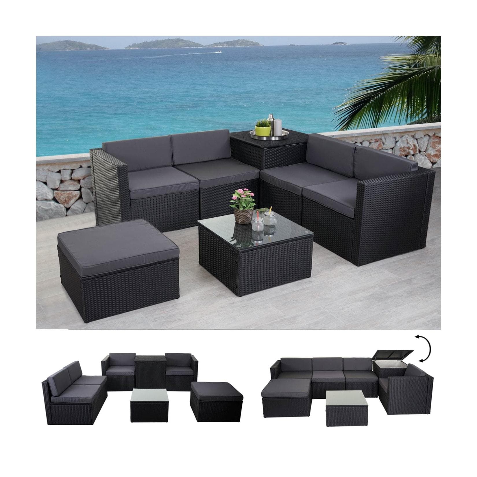 MCW Poly-Rattan-Garnitur MCW-D21 Anthrazit mit Aufbewahrungsbox
