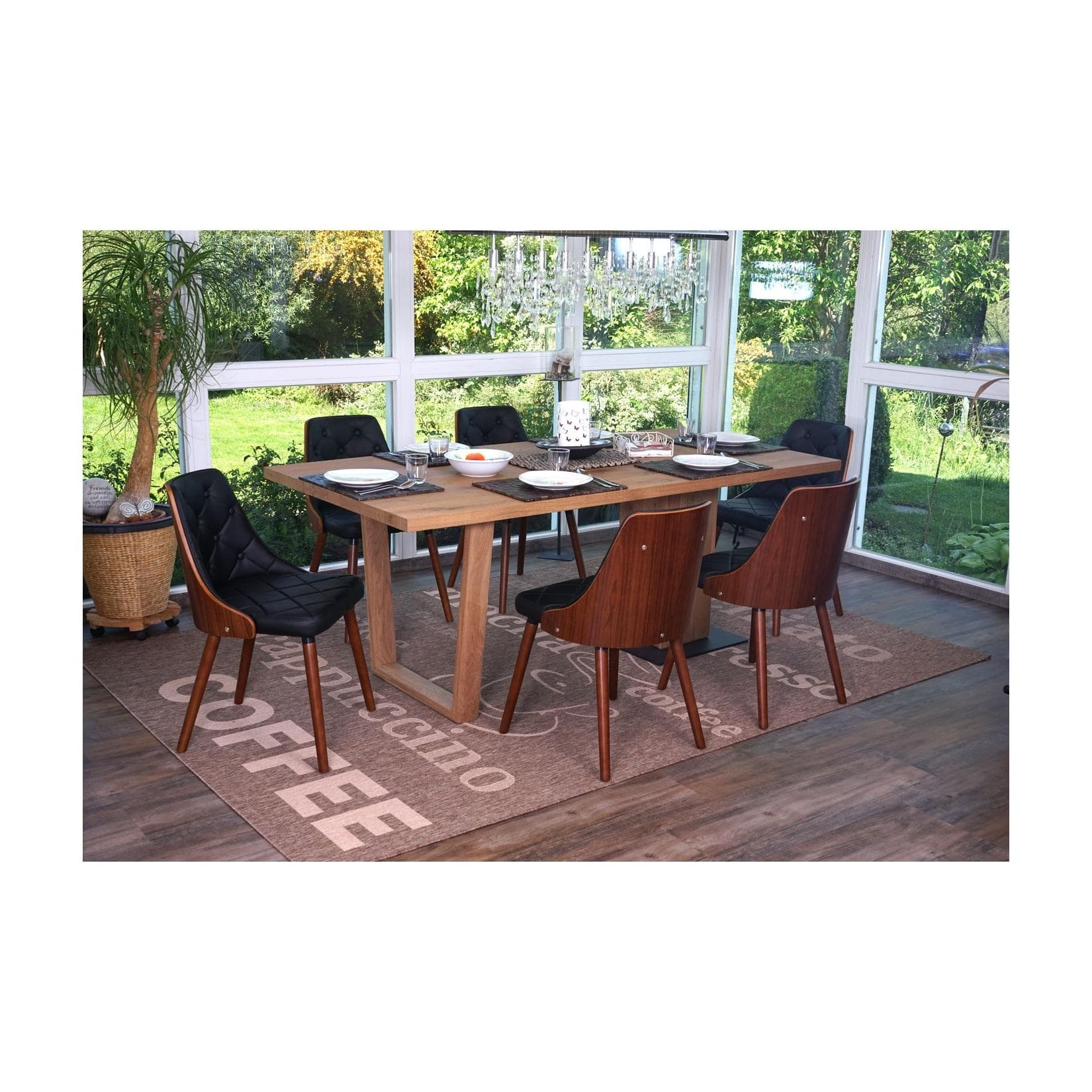 MCW 6er-Set Esszimmerstuhl Walnuss-Optik Bugholz Kunstleder Schwarz