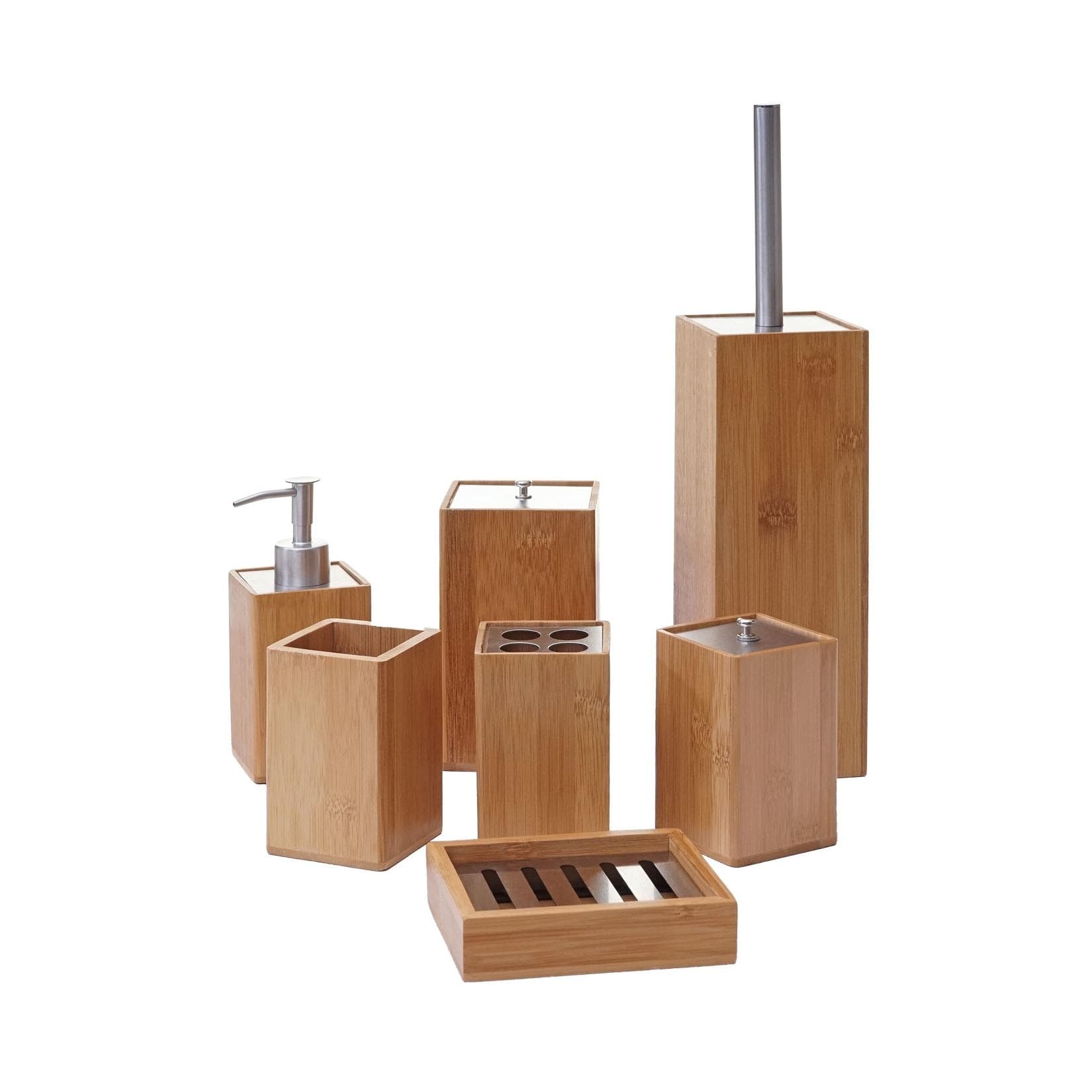 MCW 7-teiliges Bad-Accessoire Set aus Bambus - Austauschbarer Seifenspender