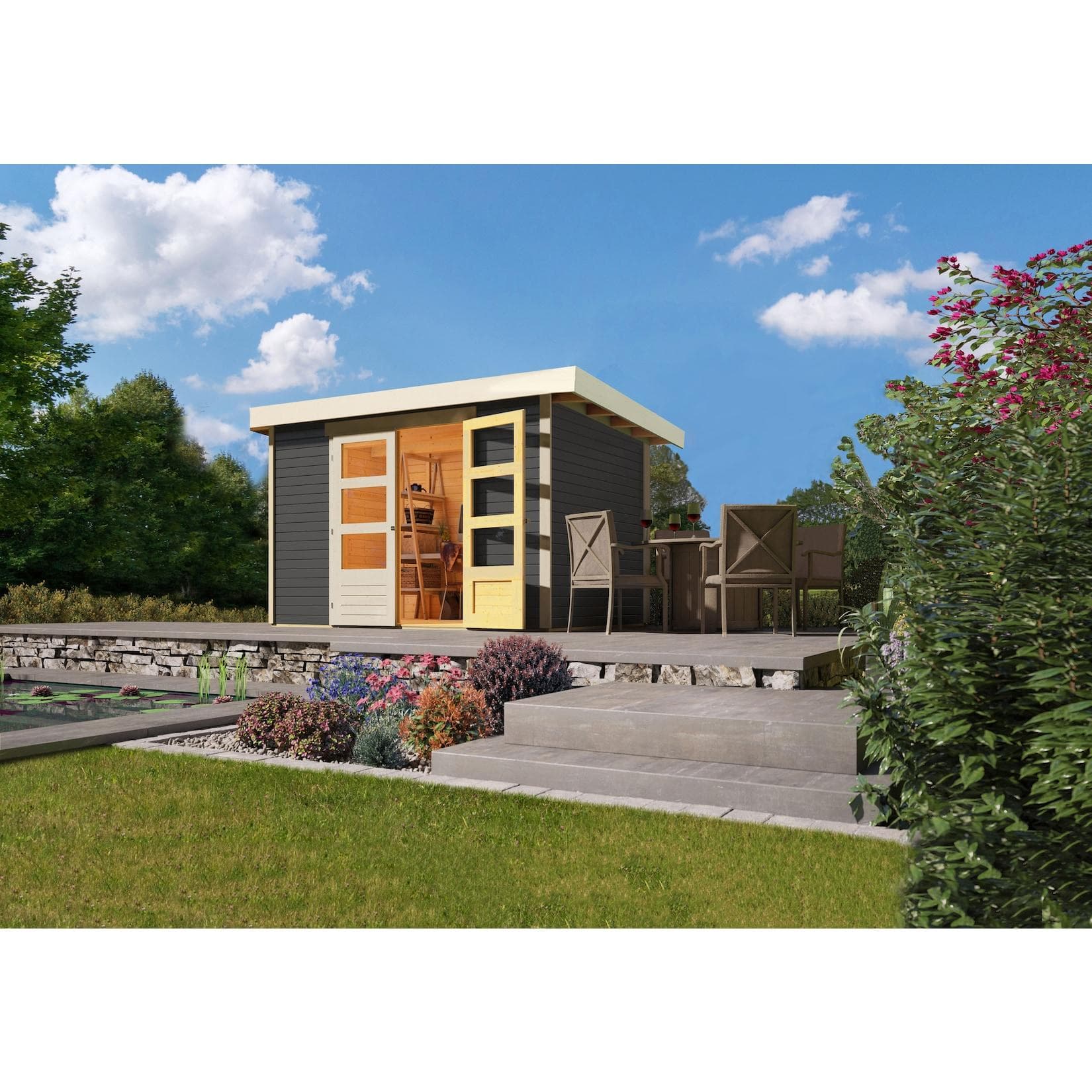 Modernes Gartenhaus aus Fichte mit Dachplatte