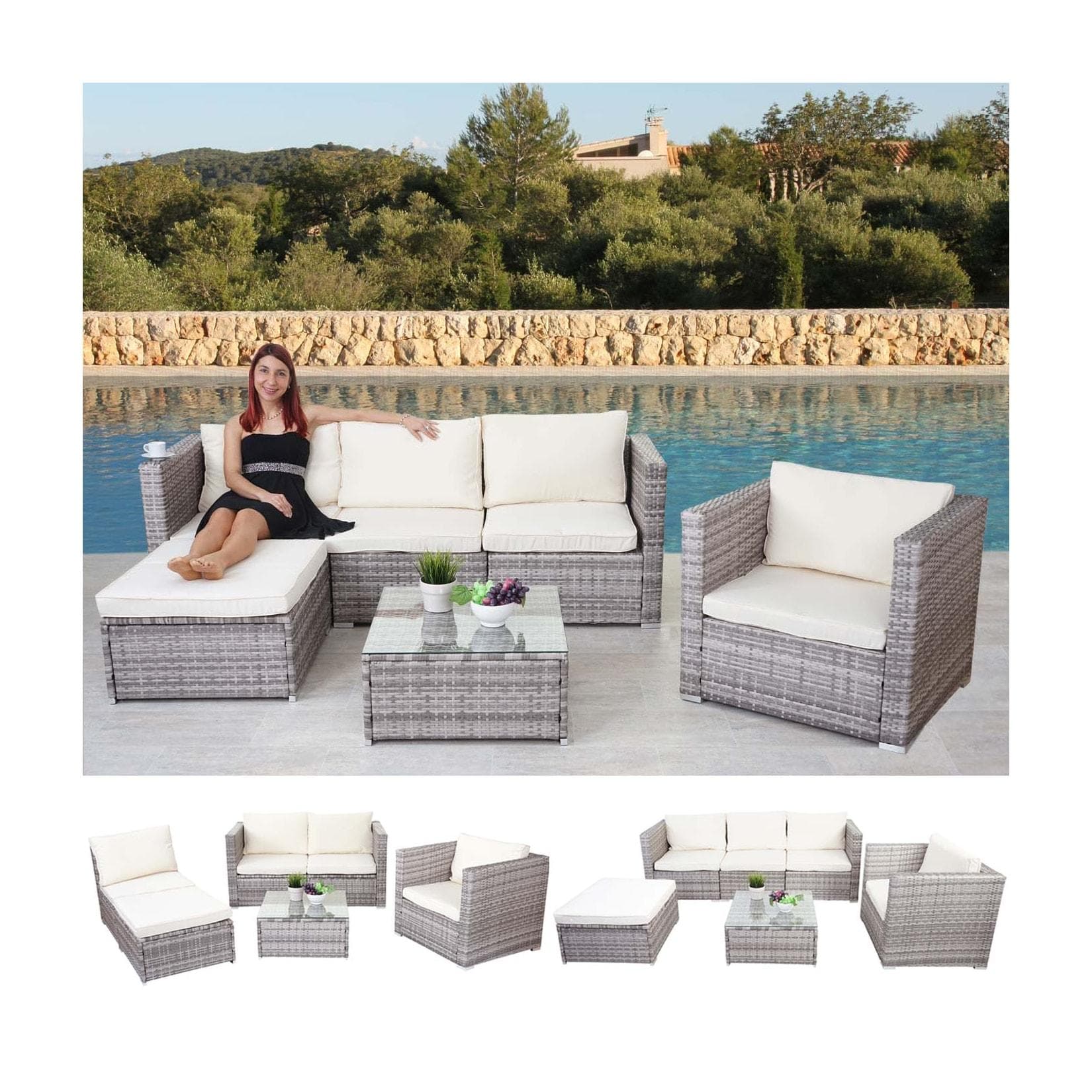 MCW Poly-Rattan-Garnitur Busto Grau Creme Gartensitzgruppe