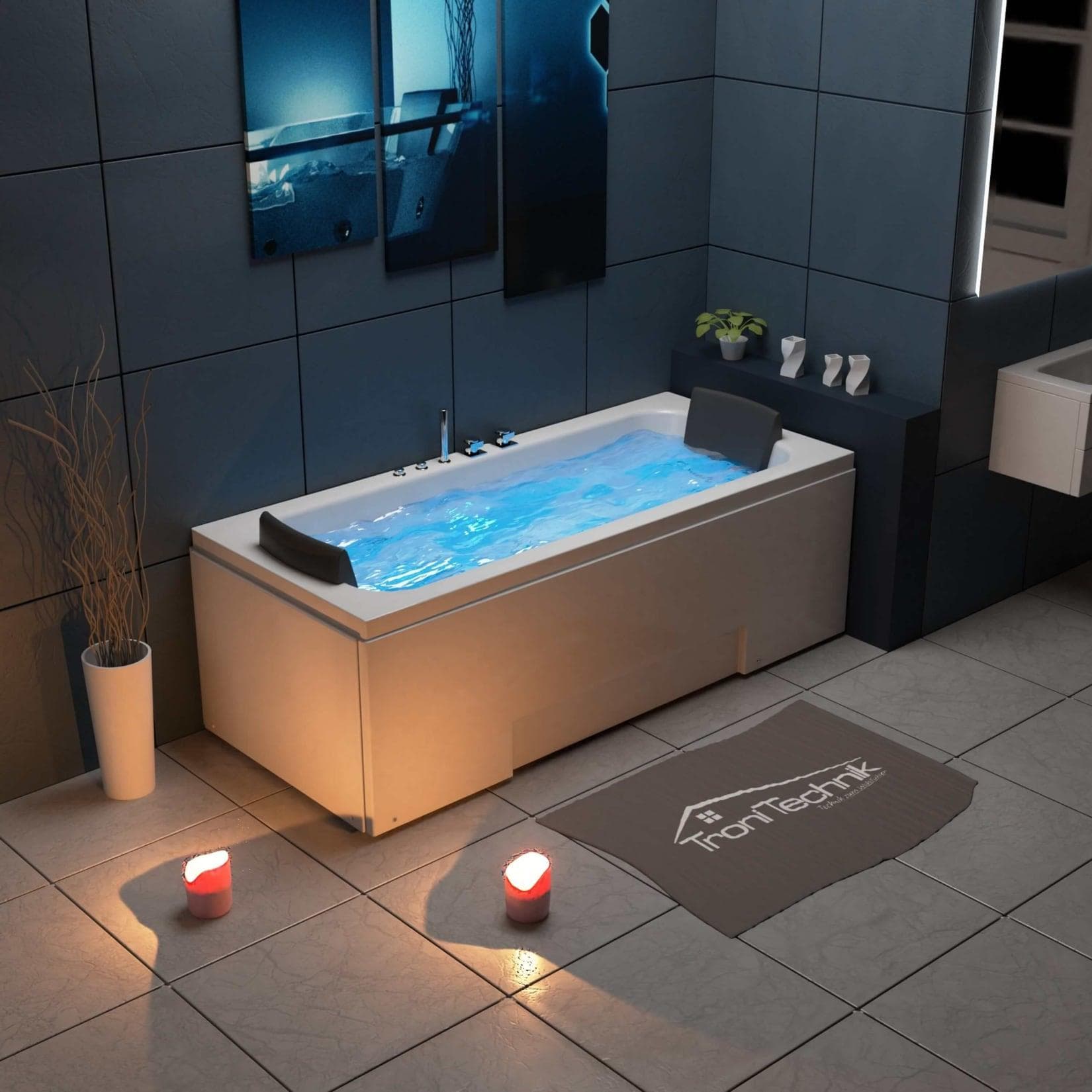 TroniTechnik® Whirlpool Badewanne IOS 170cm x 75cm inkl. Spülfunktion, Hydromassage und Farblichtherapie
