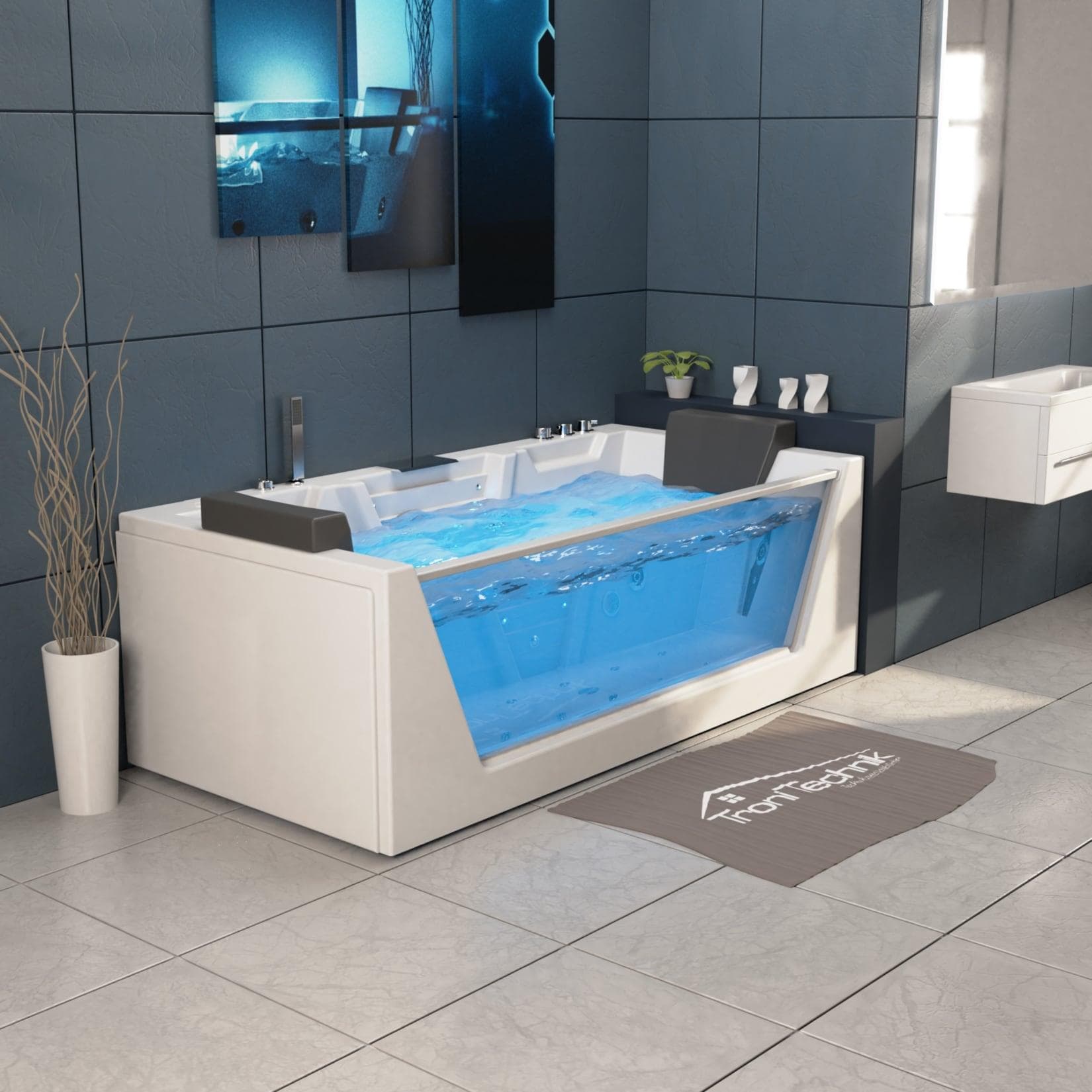 TroniTechnik® Whirlpool Badewanne MYKONOS 180x88 cm mit Radio, Heizung, Wasserfall, Hydromassage und Farblichtherapie