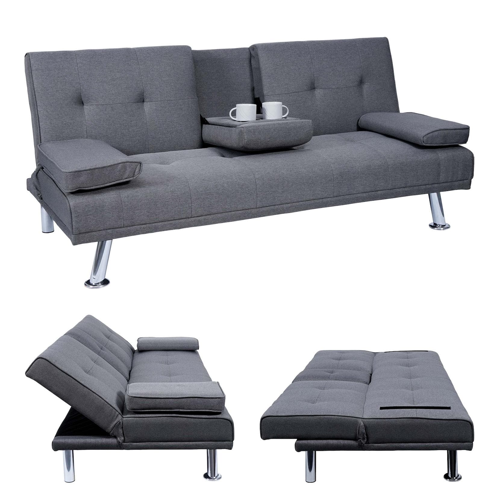 MCW 3er-Sofa MCW-F60 Dunkelgrau mit Schlafsofa-Funktion und Tassenhalter