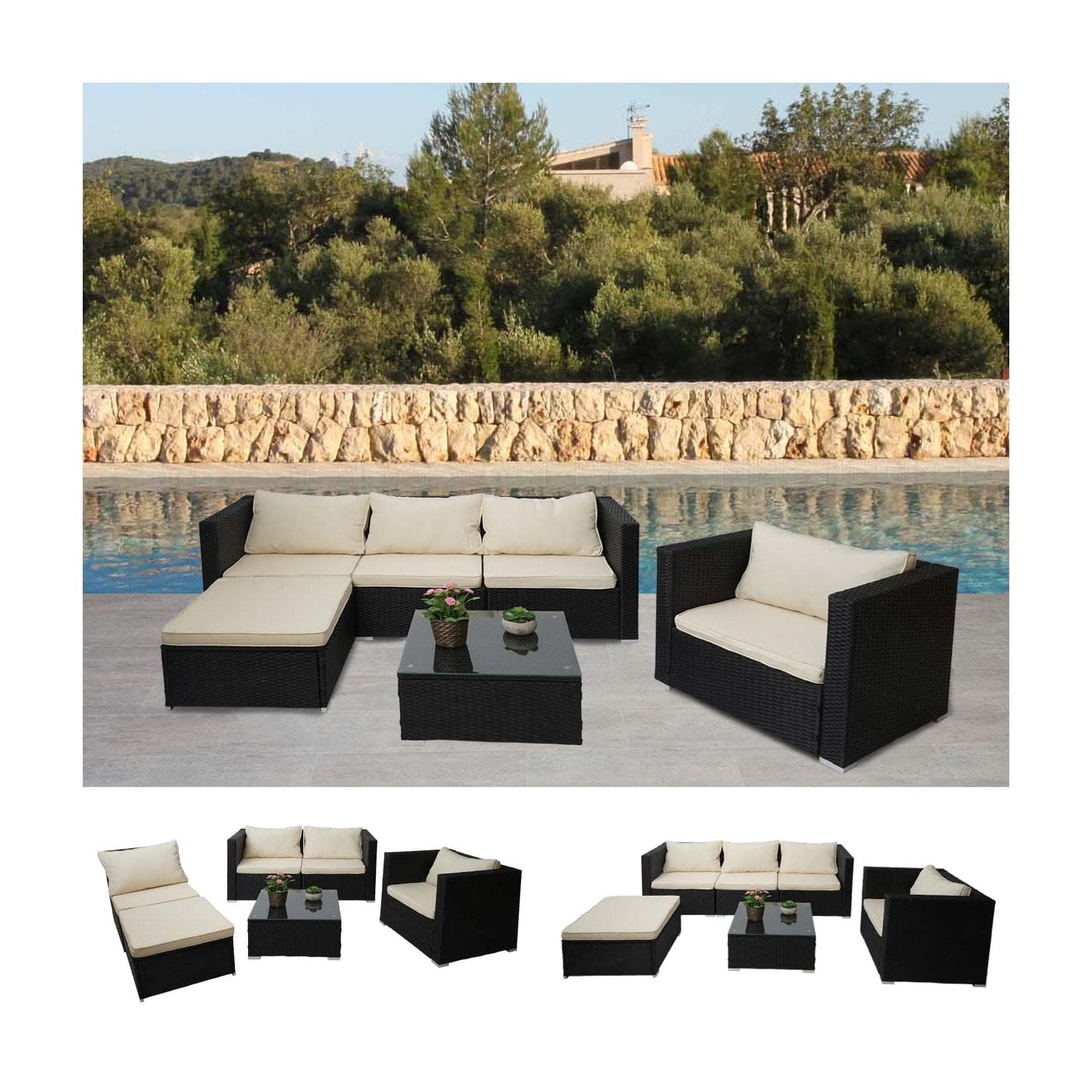 MCW Poly-Rattan-Garnitur Busto Schwarz Creme Gartenset