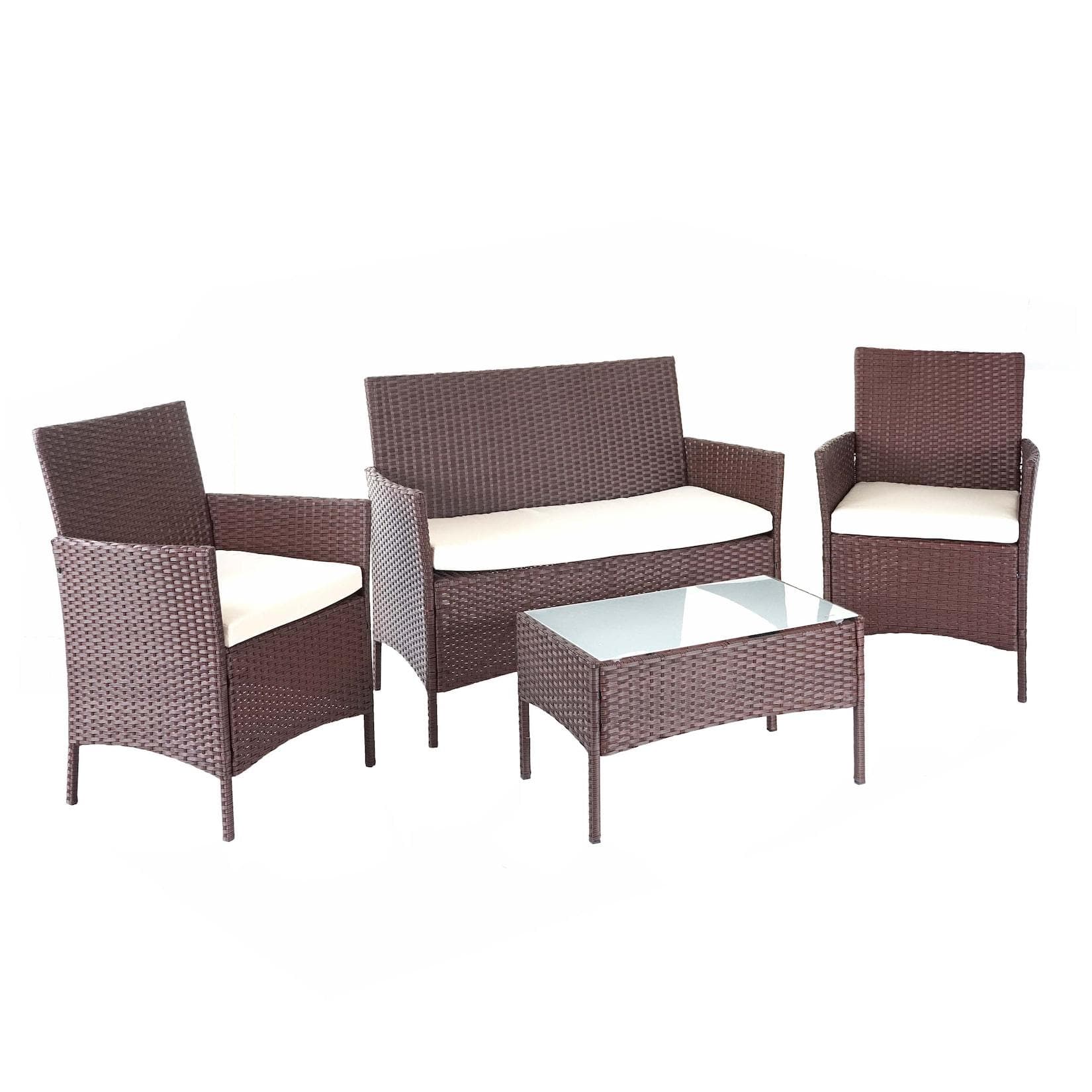 MCW Poly-Rattan Garten-Garnitur MCW-D82, 3-tlg. Lounge-Set Braun/Creme