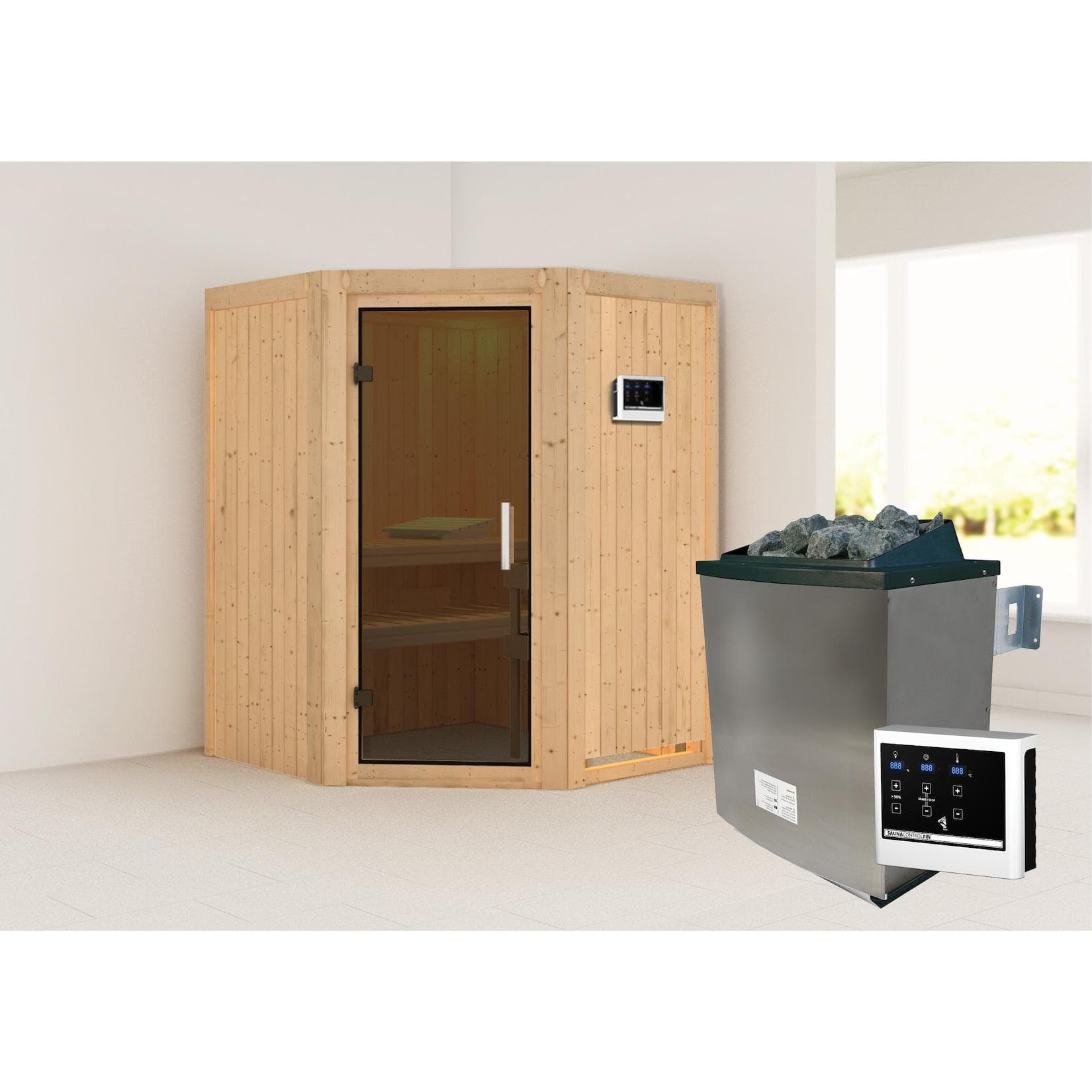 Karibu Sauna Angel Set Naturbelassen mit 9kW Ofen