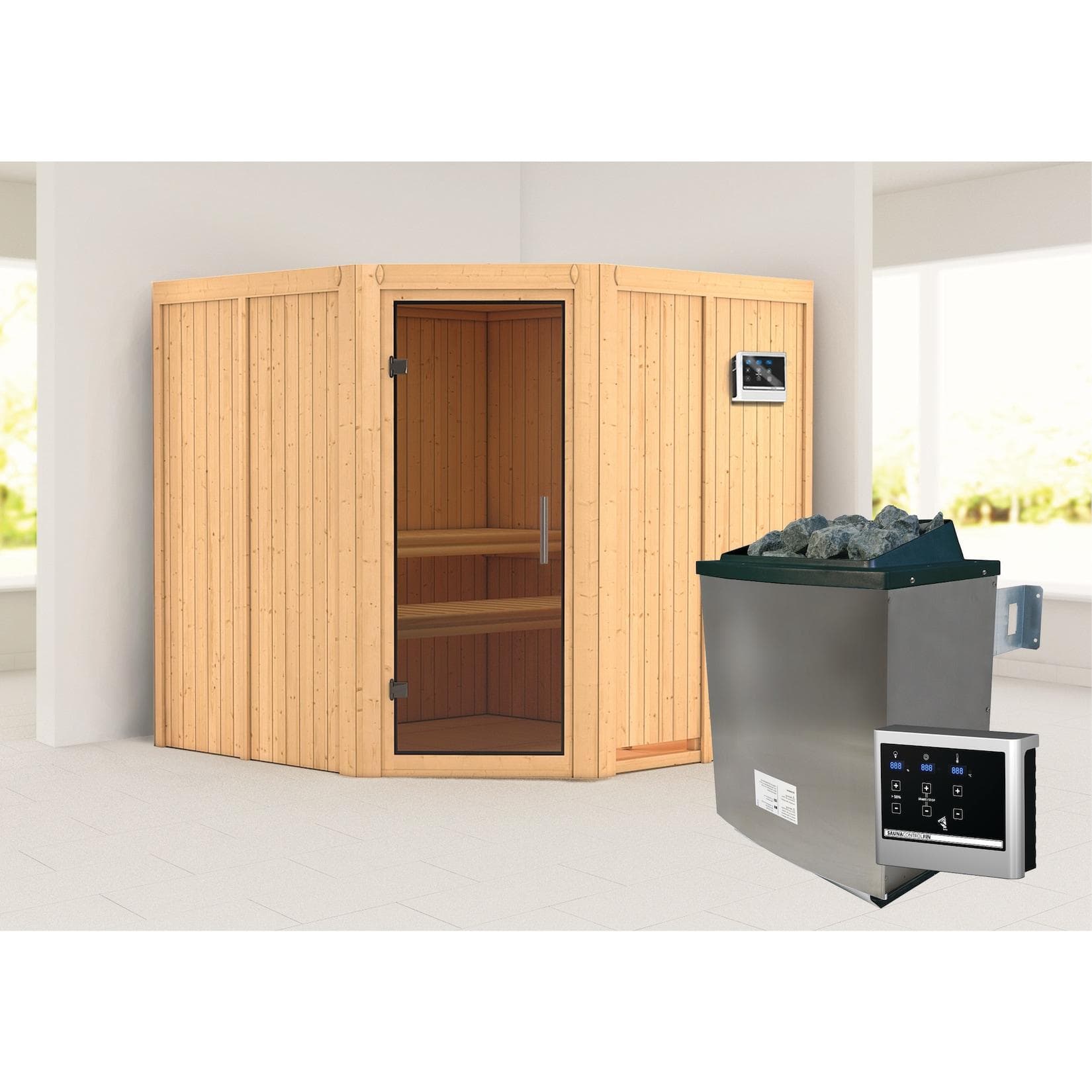 Karibu Sauna San Rafael Set Naturbelassen mit 9kW Ofen