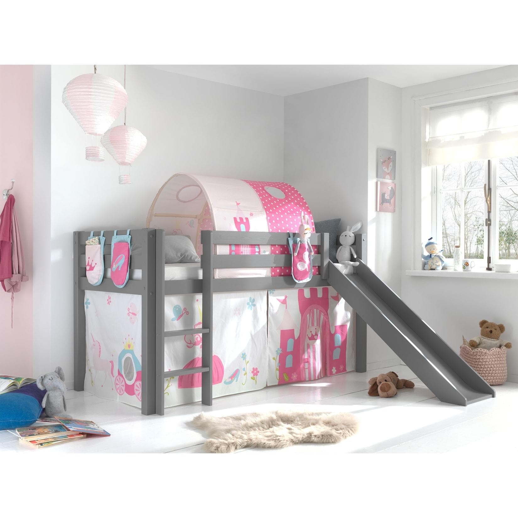 Vipack Spielbett Pino Grau mit Rutsche und Textilset