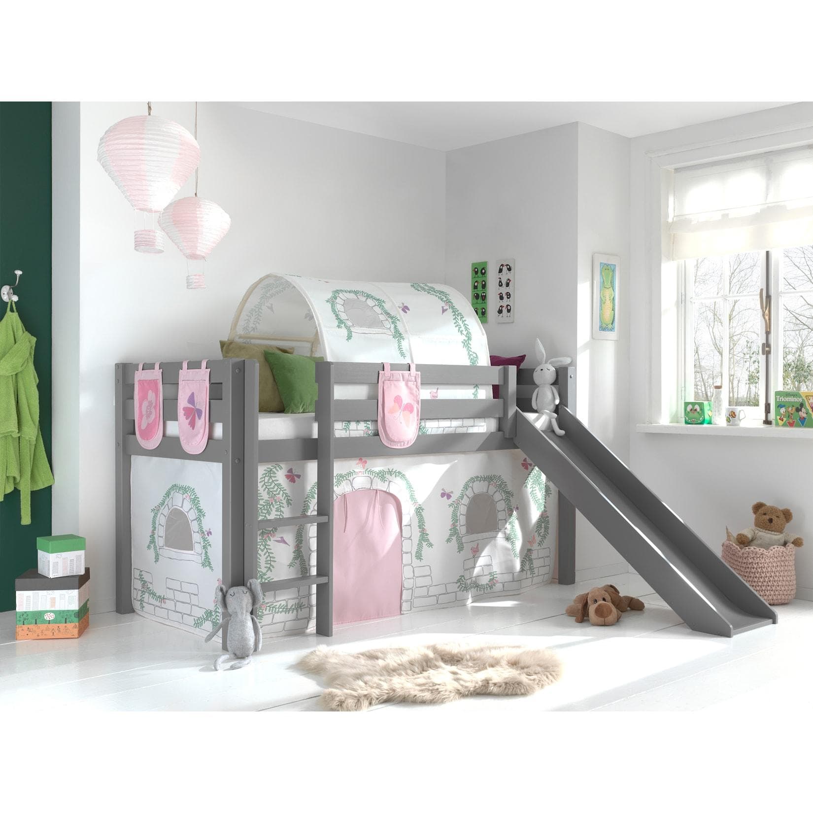 VIPACK Hochbett Pino Grau Massivkiefer mit Tunnel