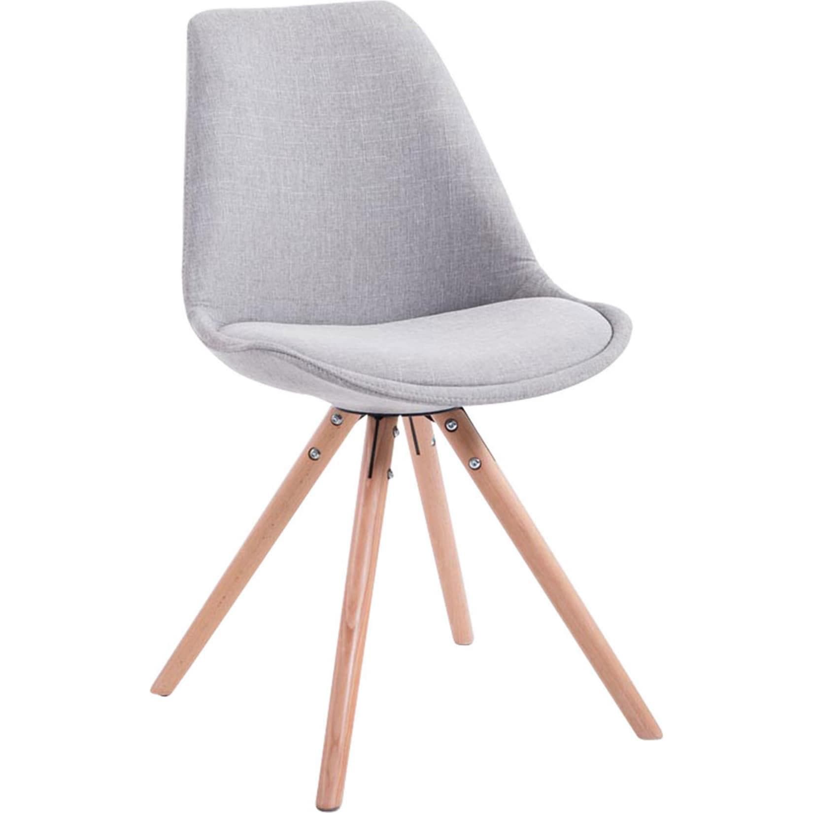 Grauer Stoff-Besucherstuhl mit runder Sitzfläche und Holzbeinen