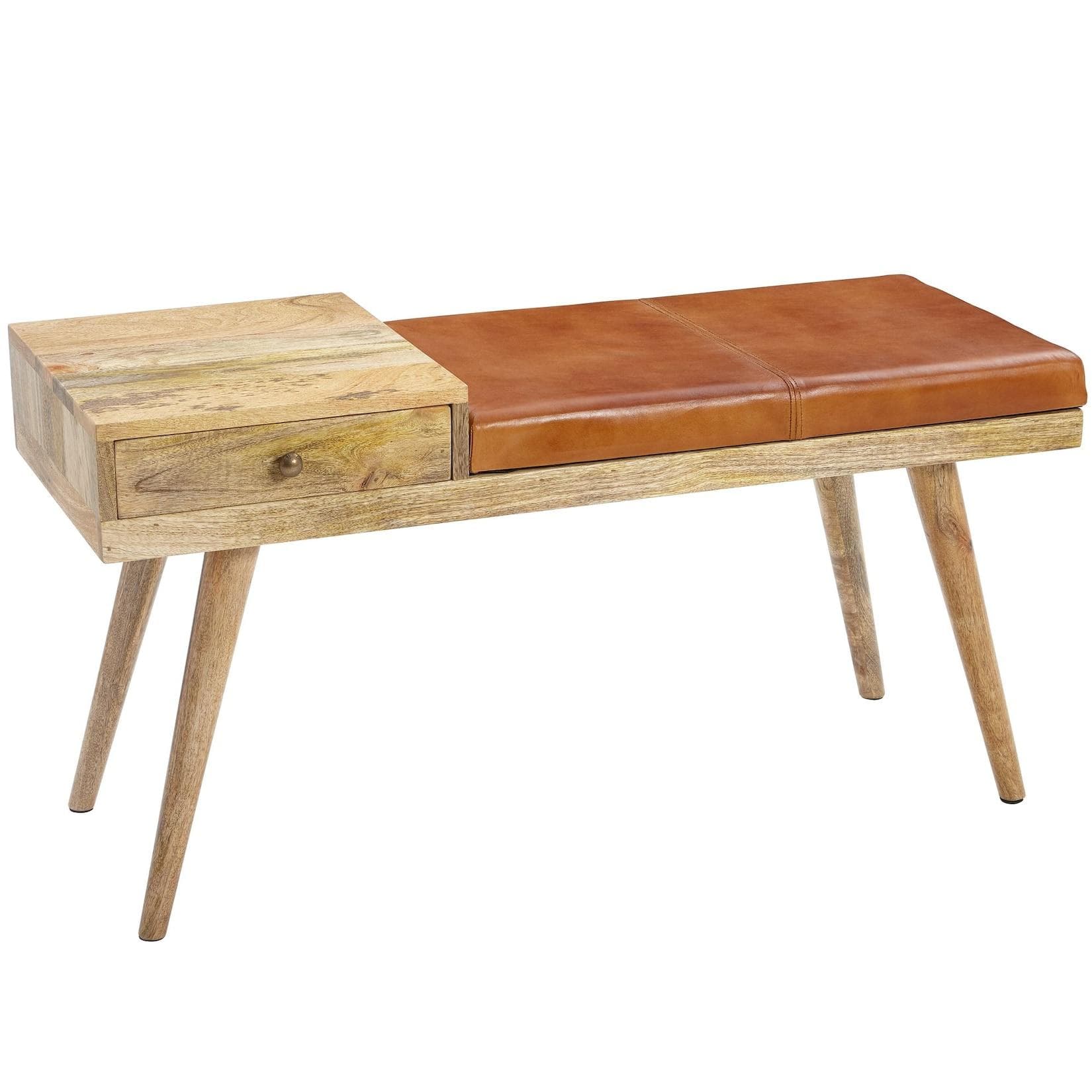 FineBuy Sitzbank gepolstert 100cm Massivholz Echtleder Schublade