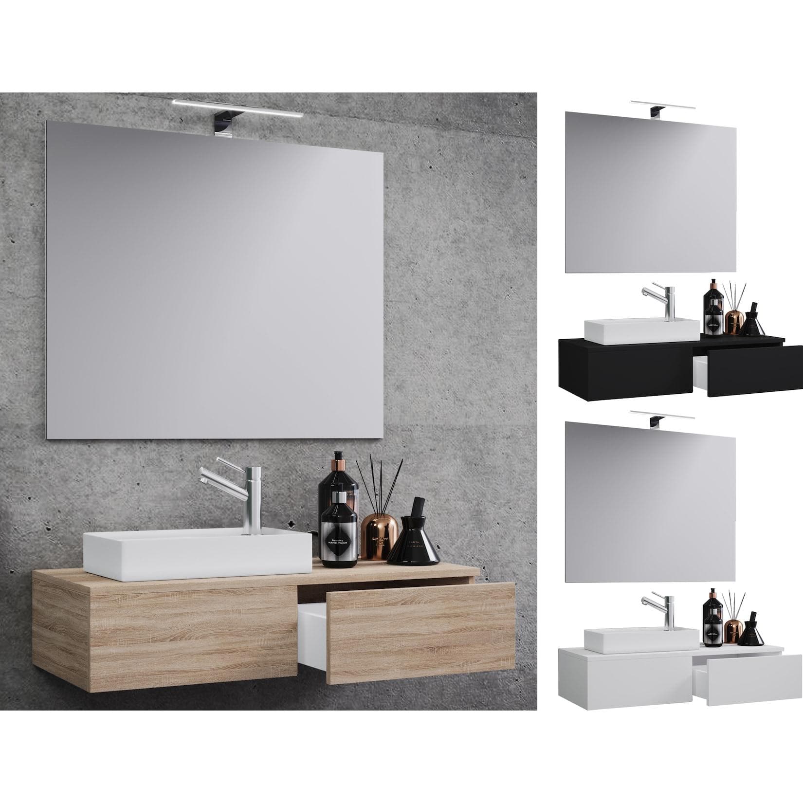 3-teiliges Badmöbelset mit Keramikwaschbecken und Spiegel